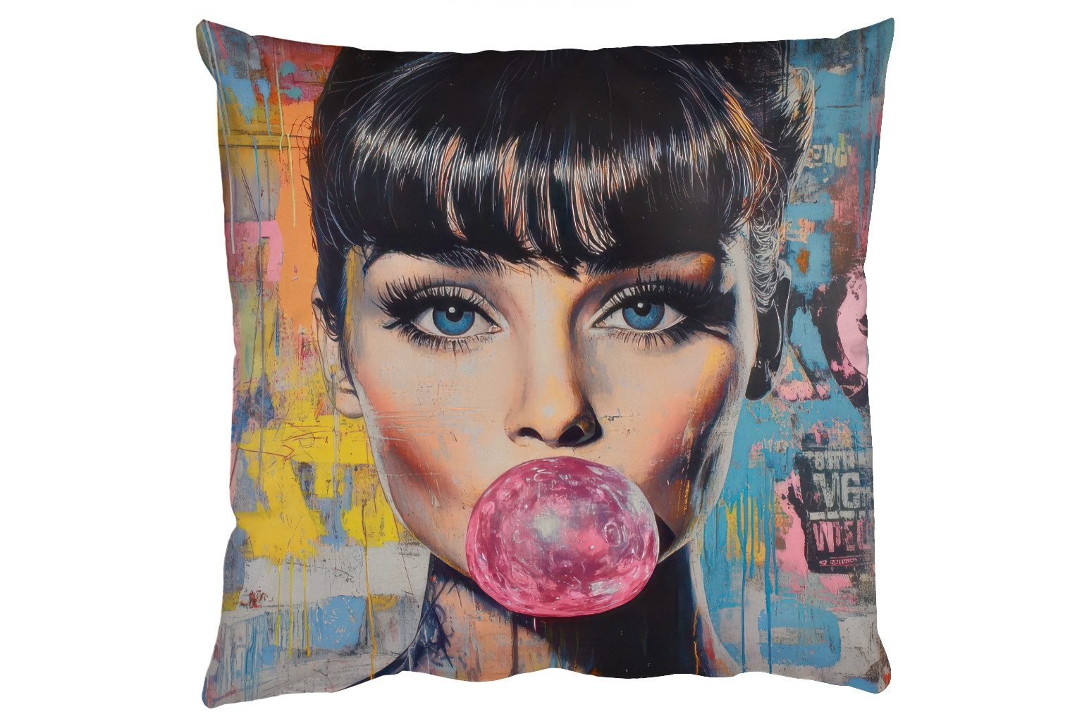 MuchoWow Dekokissen Kaugummi - Frau - Pinselstriche - Modern, Zierkissen mit Kissenfüllung, Deko, Sofakissen, 50x50 cm