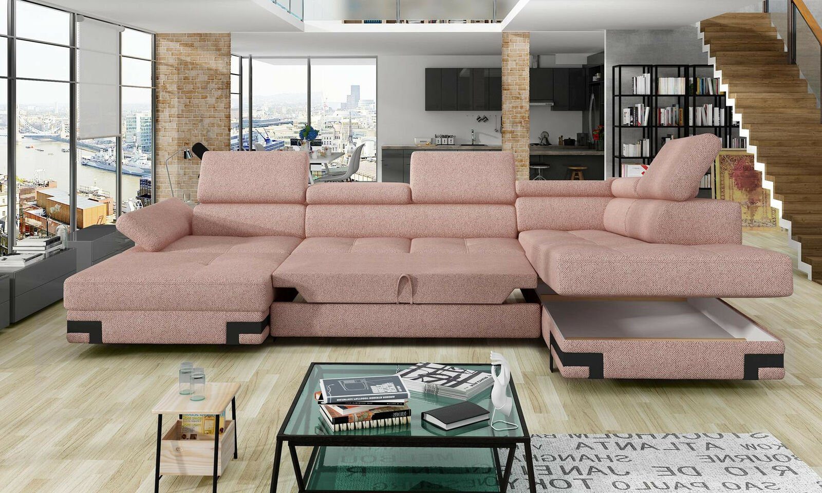 JVmoebel Ecksofa Stoff Ecksofa U-Form Sofa Couch Design Polster Modern Textil, Made in Europe Rosa