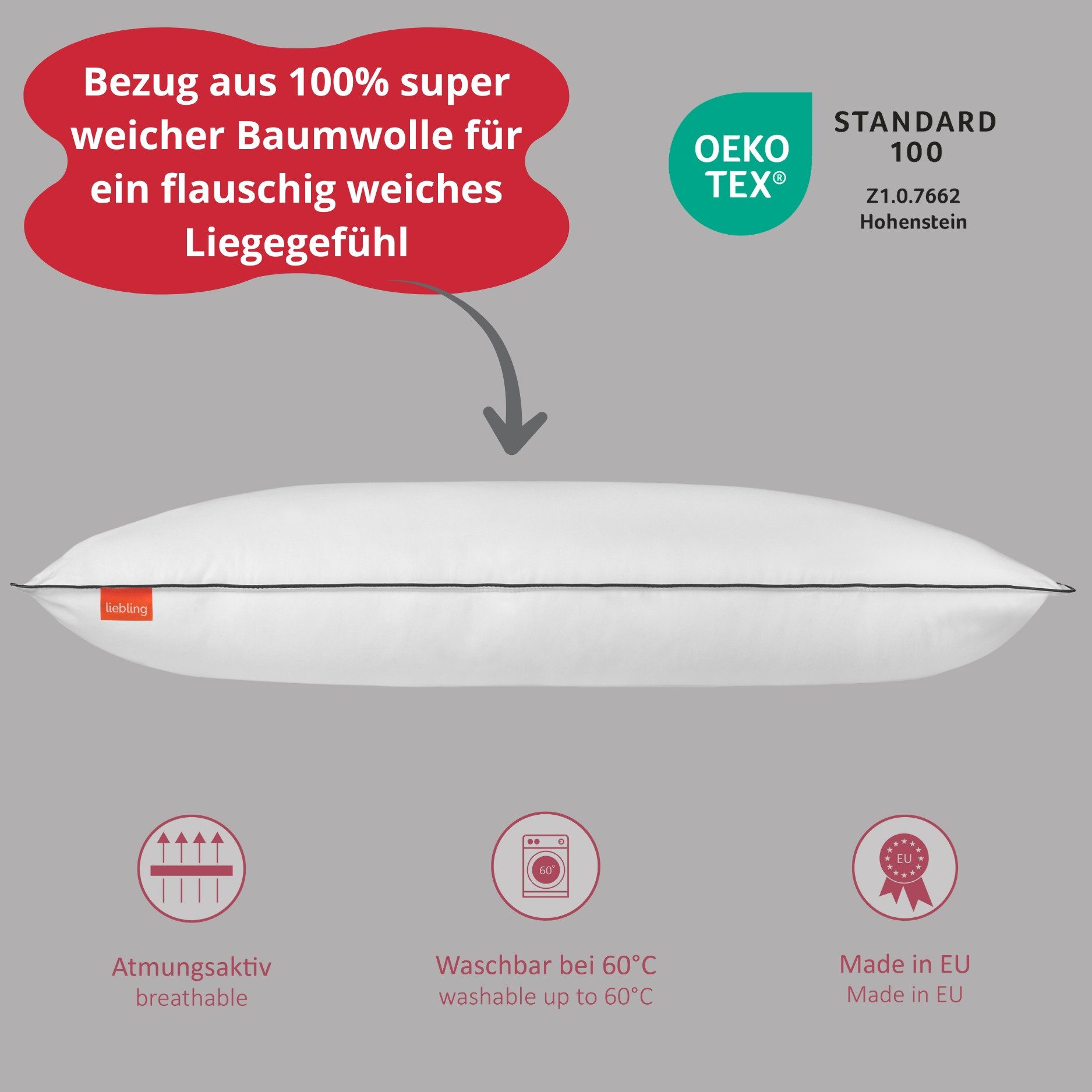 liebling Kopfkissen höhenverstellbares Hotelkissen, Füllung: Polyester Vollfaser, Seitenschläfer, Bauchschläfer, Rückenschläfer, Made in EU