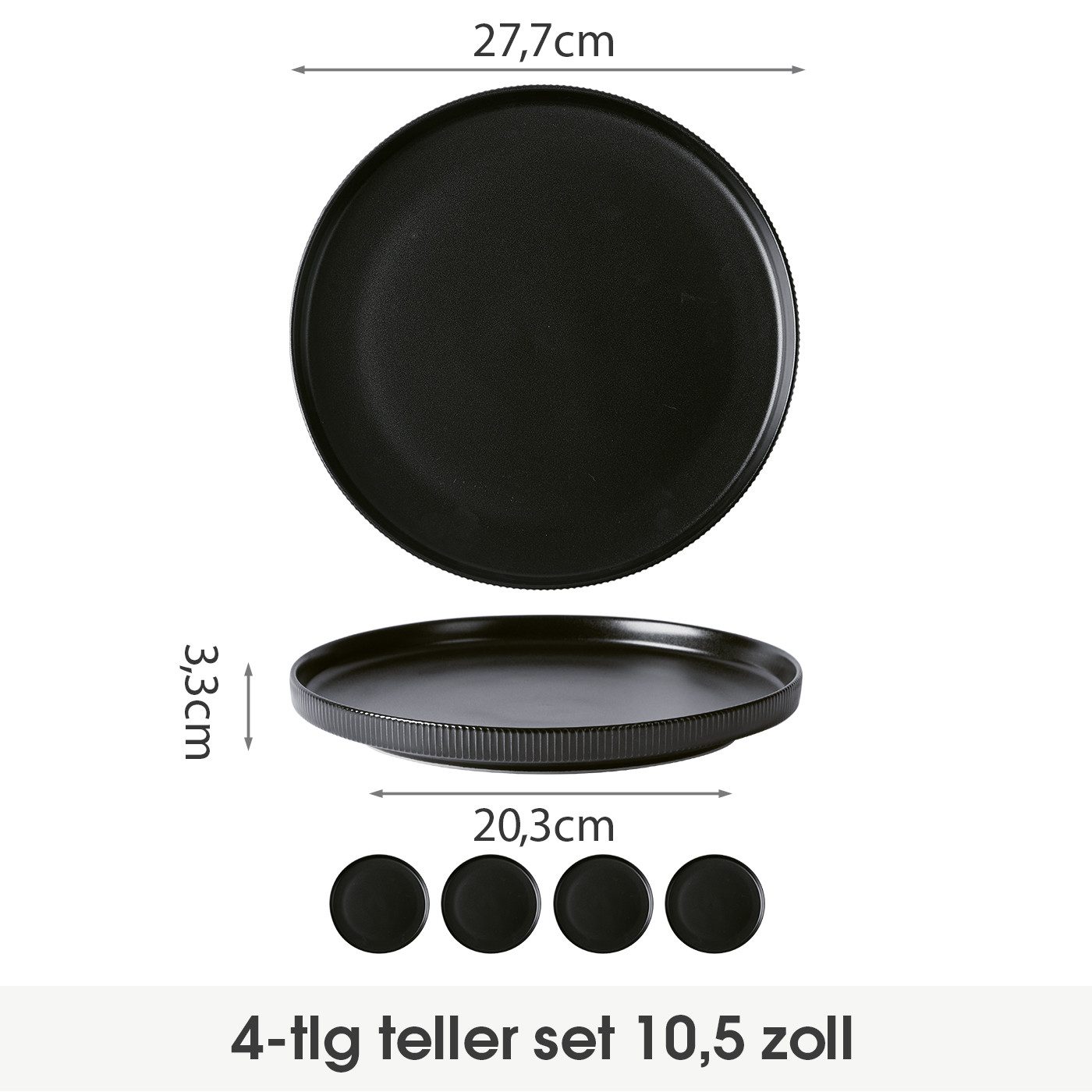 JIWOO Teller 4er Ø27,7cm, Speiseteller Steakteller Dessertteller Brotteller Plate, (4 St), Keramik Hochwertiges Tellerset Schwarz Mikrowellen spülmaschinenfest