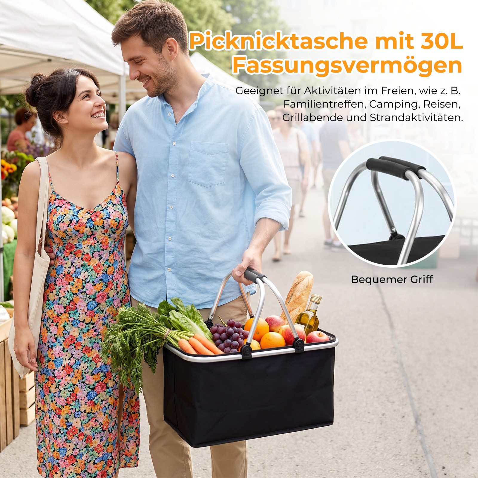 AKKEE Einkaufskorb Großer Picknickkorb mit gepolsterten Griffen Praktischer, Faltbarer Korb Einkaufstasche mit Aluminiumrahmen – Bild 2 von 5