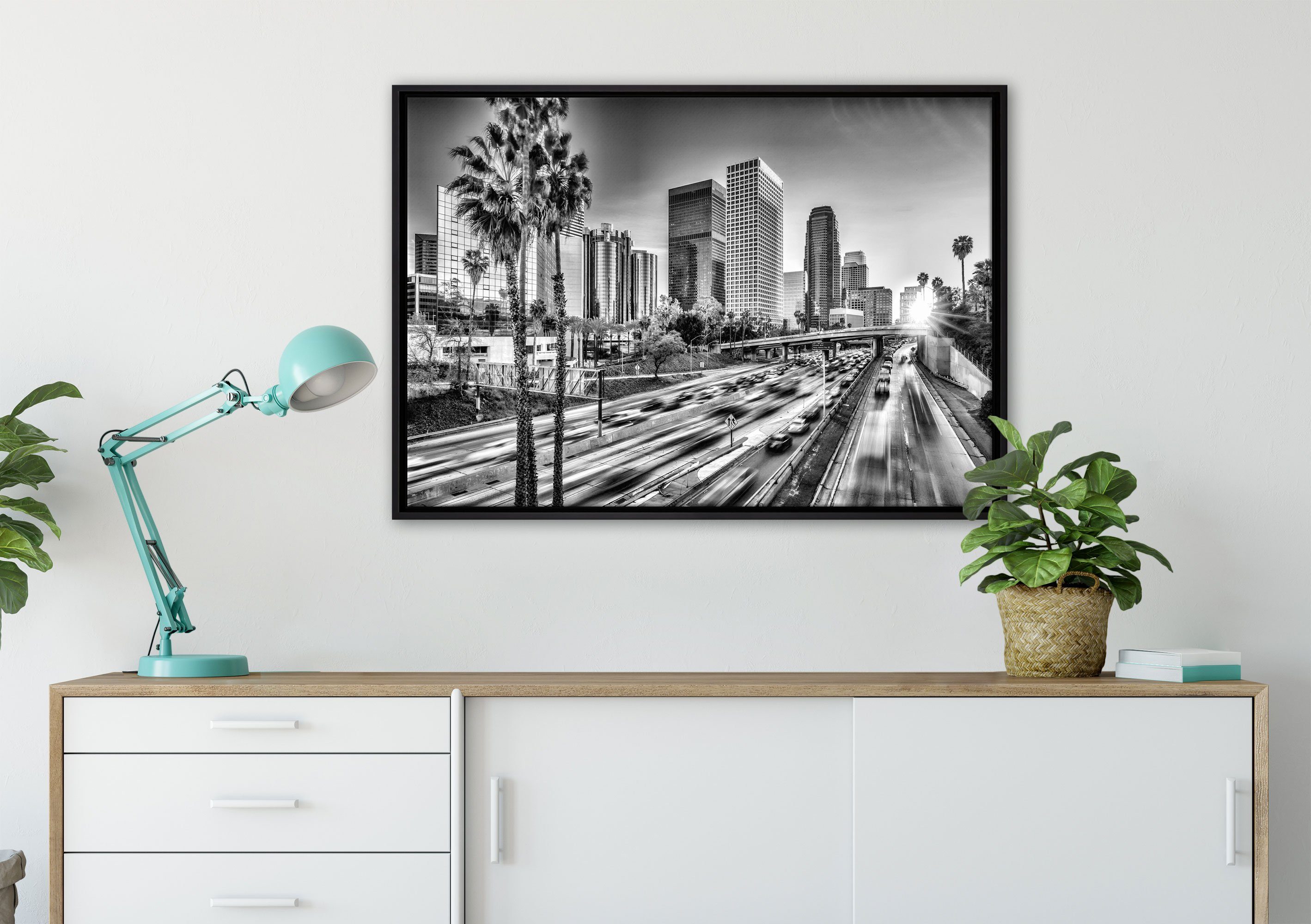in inkl. Straßenverkehr bespannt, St), Leinwandbild fertig Zackenaufhänger Wanddekoration in Leinwandbild Los Angeles, gefasst, Pixxprint Schattenfugen-Bilderrahmen (1 einem