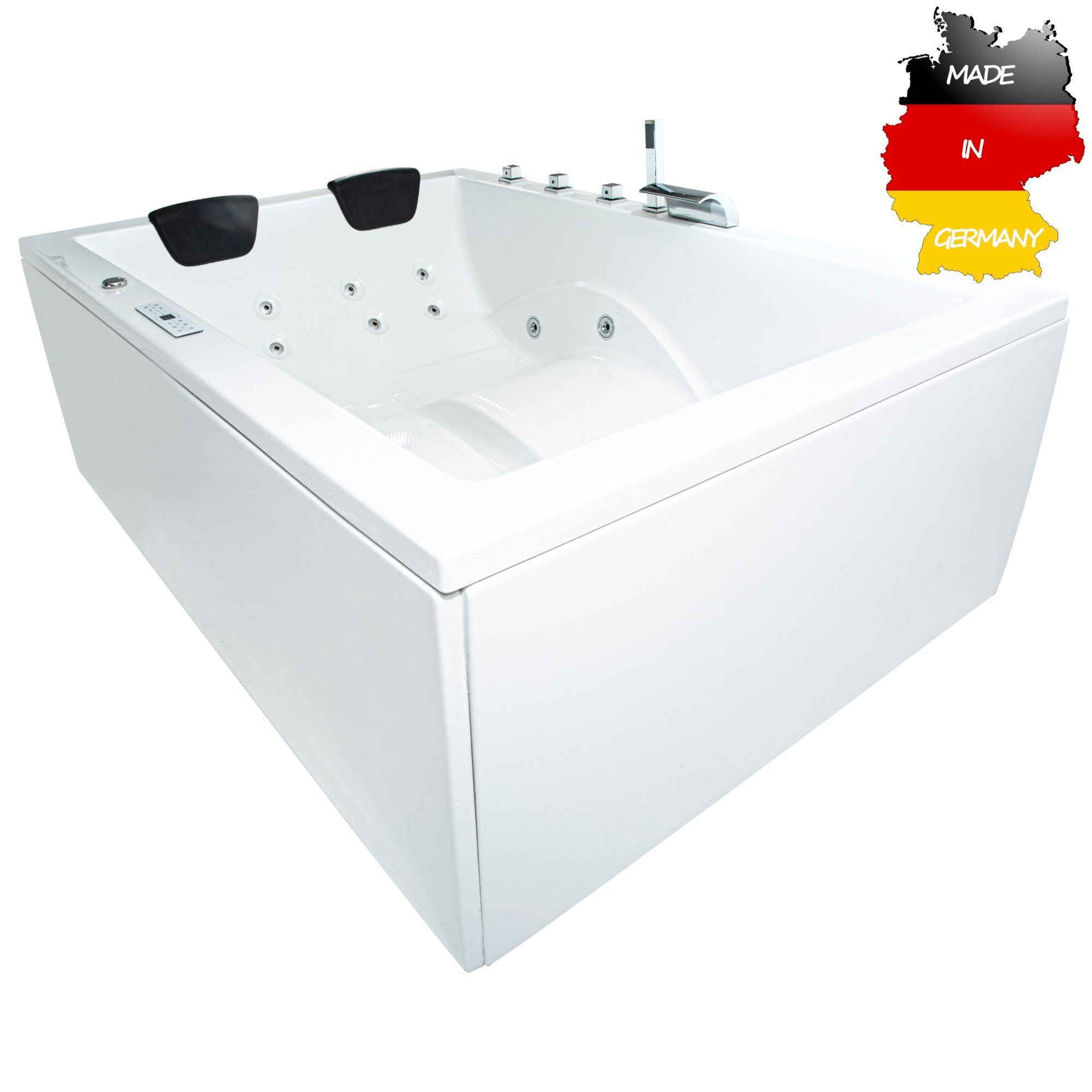 Basera® Whirlpool-Badewanne CLASSIC Indoor Whirlpool Badewanne XXL Wave 180 x 130 cm für 2 Pers., (Komplett-Set), mit 24 Massagedüsen, Wasserfall, LED, Touchpanel, Bluetooth und Radio