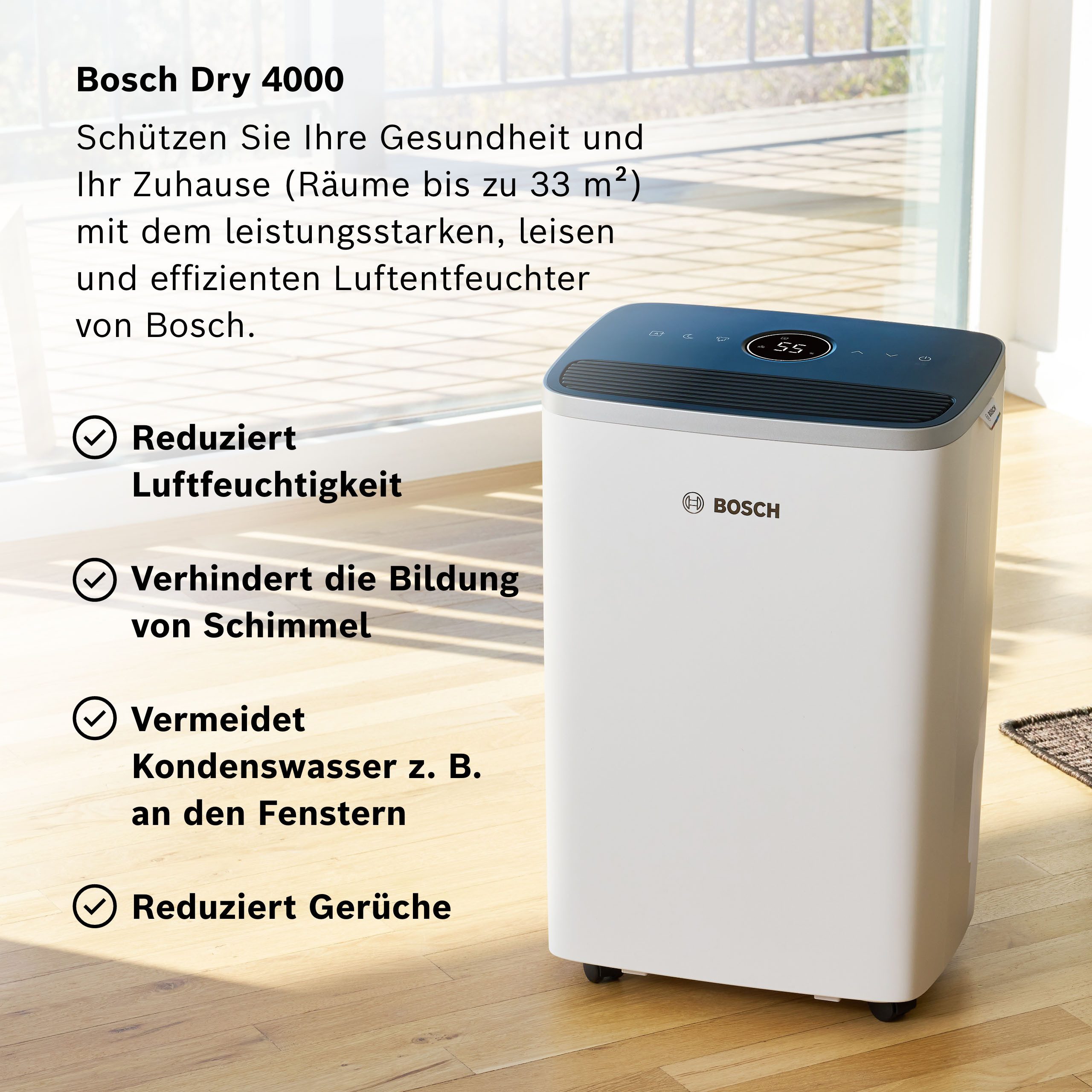 BOSCH Luftentfeuchter Dry 4000 - Ideal für die Wohnung & schnelle Trocknung der Wäsche, Entfeuchtung 16 l/Tag, Tank 2,5 l, Ultra-leiser Betrieb; nur 38 dB(A)