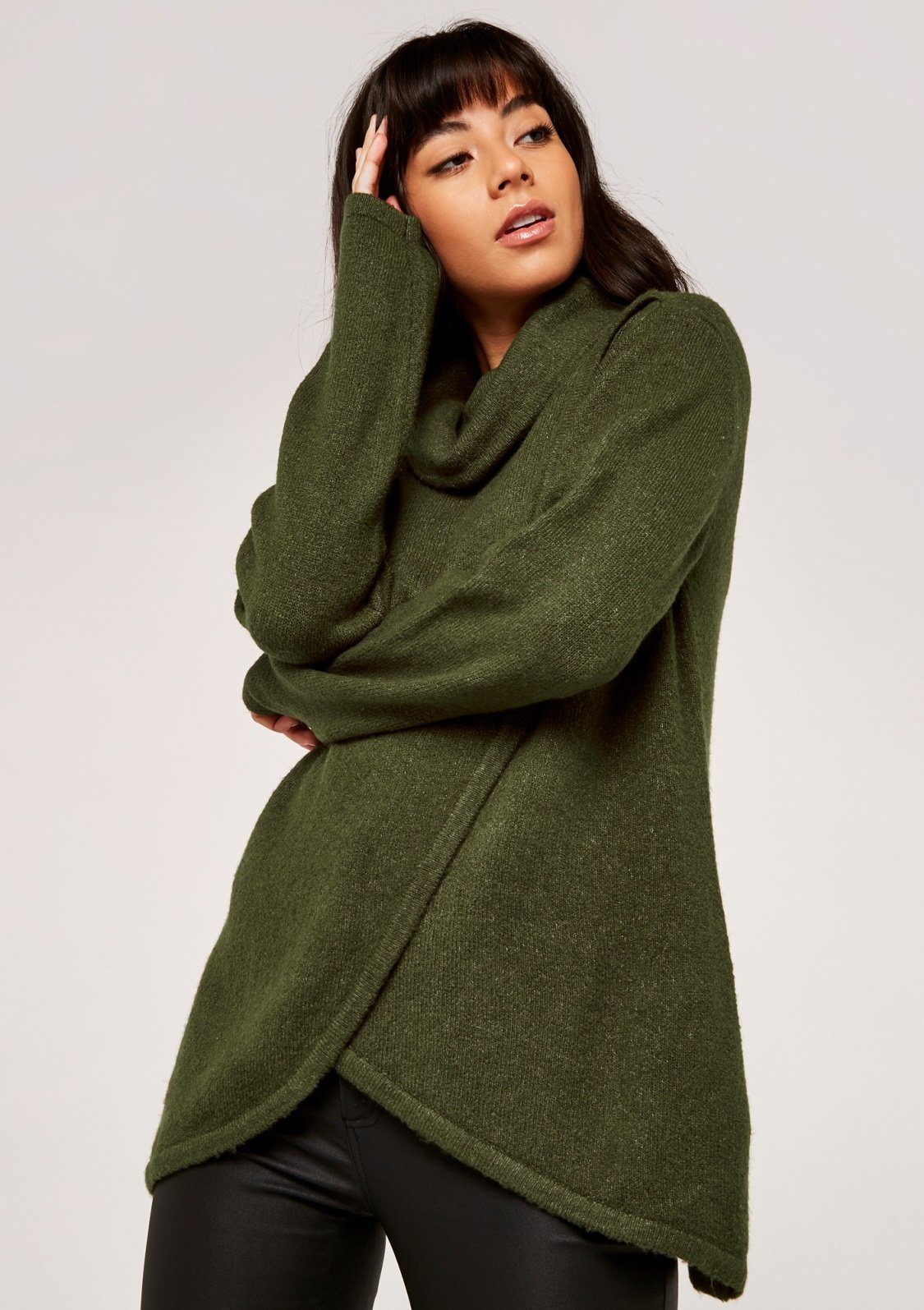 Apricot Rollkragenpullover Wrap Neck mit (1-tlg) Roll Rollkragen khaki Jumper