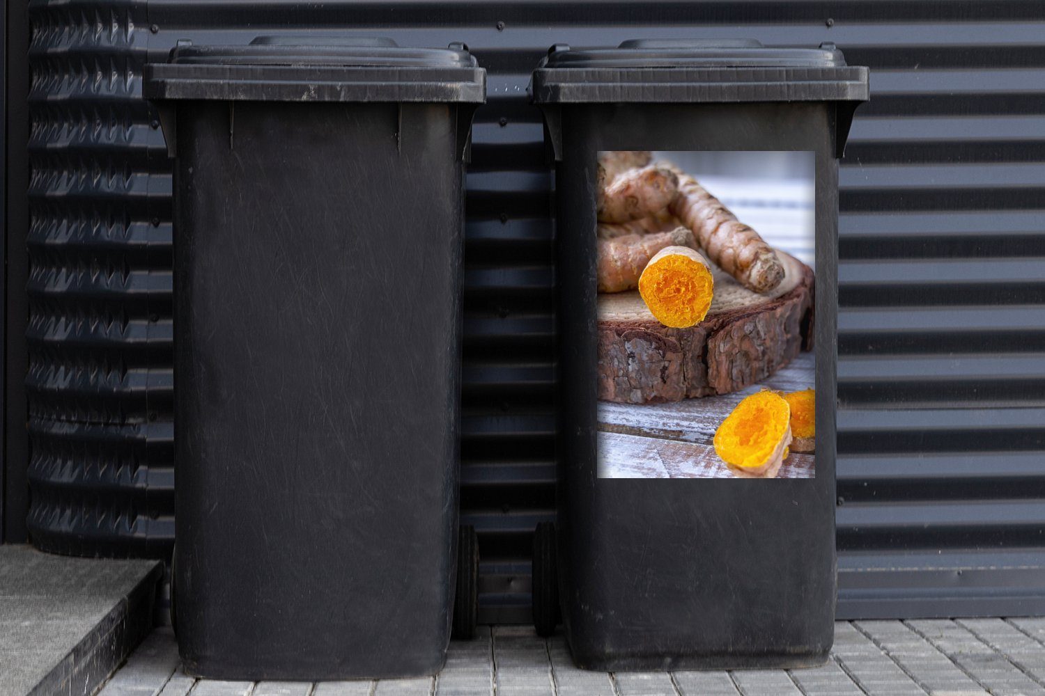 Kurkuma Wandsticker Foto Mülltonne, Stück Abfalbehälter (1 Sticker, von geschnittener robusten Container, auf St), Holz MuchoWow Mülleimer-aufkleber, einem