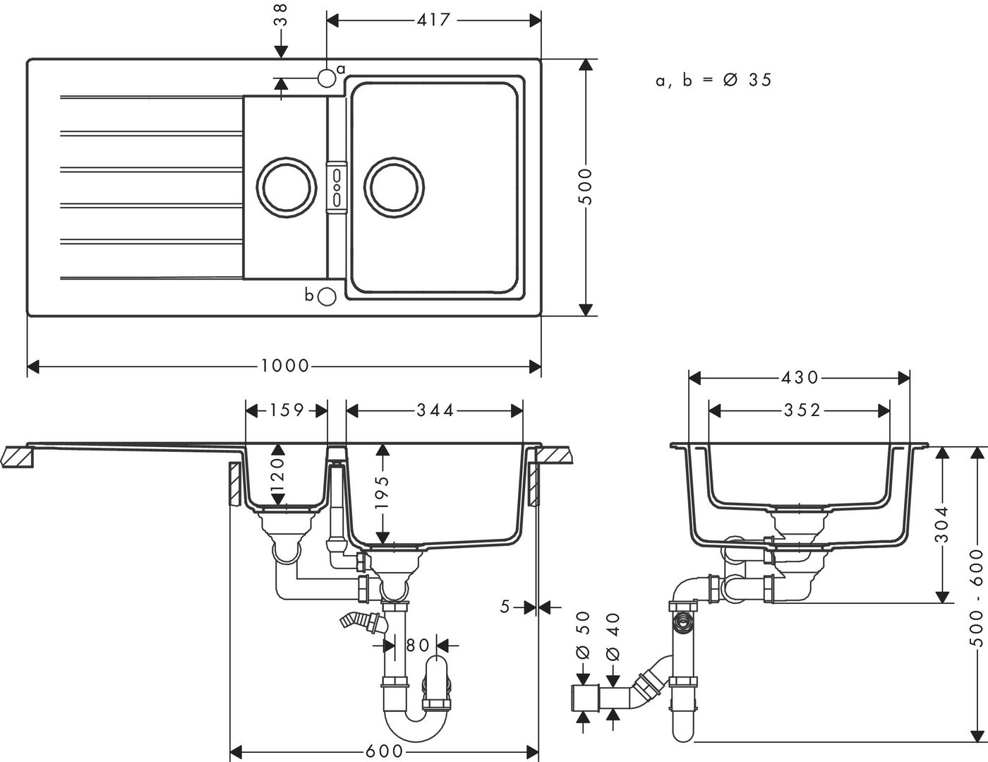 Thumbnail - hansgrohe Einbauspüle S52 S520-F530 Einbauspüle mit automatischer Ablaufgarnitur Steingrau