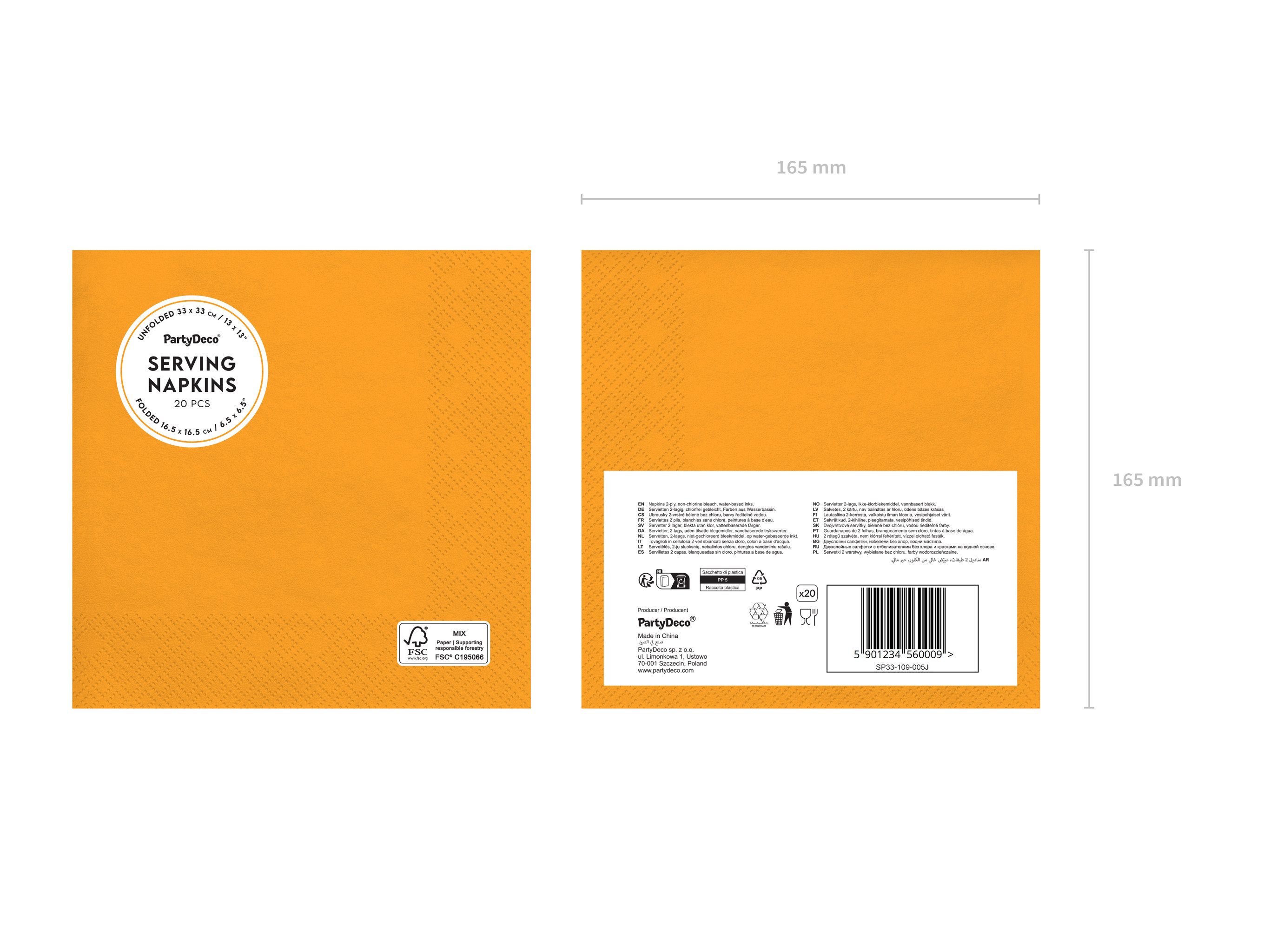 partydeco Papierserviette, Servietten Papier 33x33cm 2-lagig 20 Stück Orange