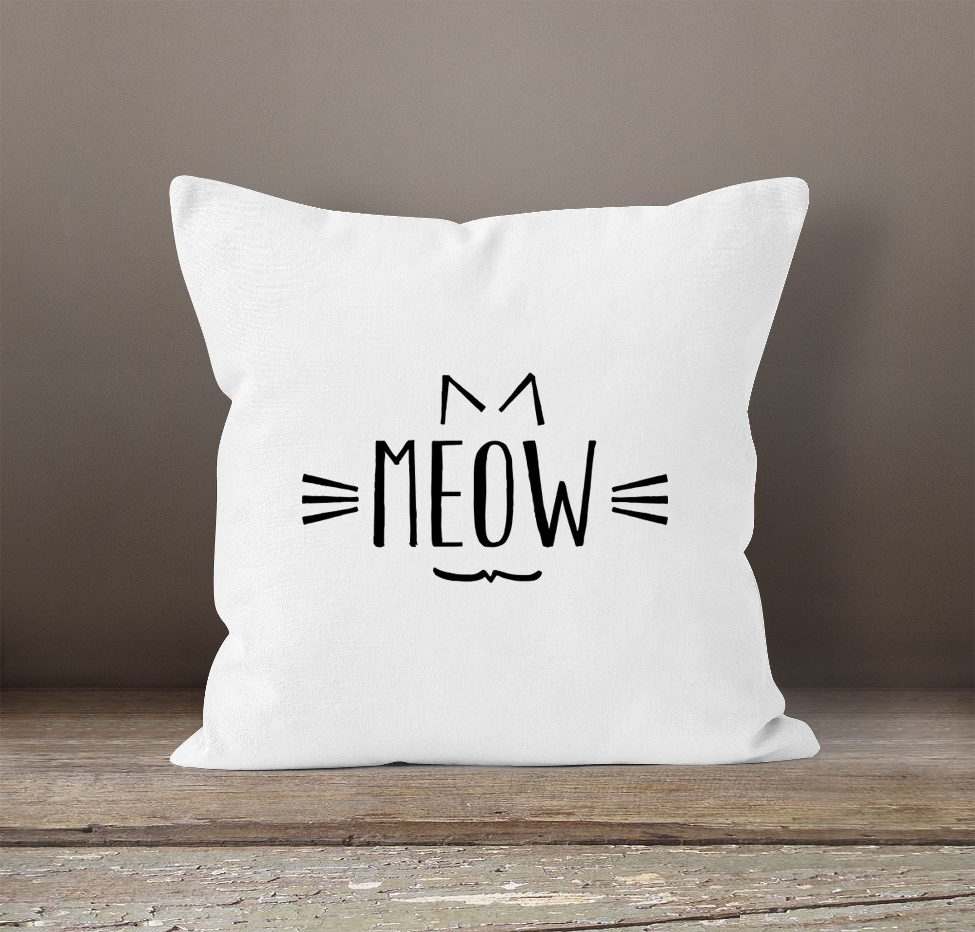 Baumwolle Meow Katze Kissenbezug Cat weiß Miau 40x40 MoonWorks Kissenhülle Dekokissen Moonworks Dekokissen