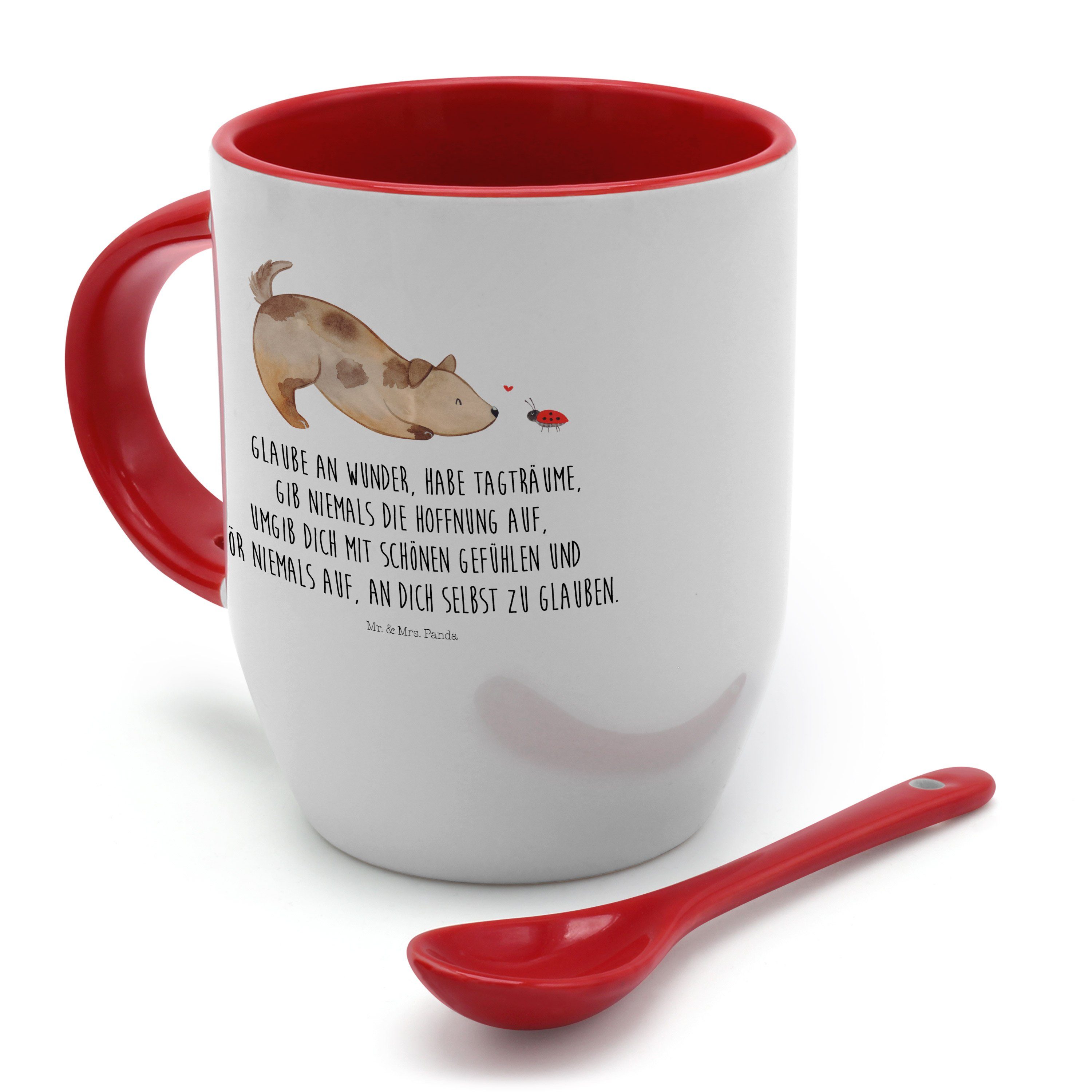 Mr. & Mrs. Panda Tasse Geschenk, Tasse Spruc, - Hund Löffel, - Tasse Keramik mit Marienkäfer mit Weiß
