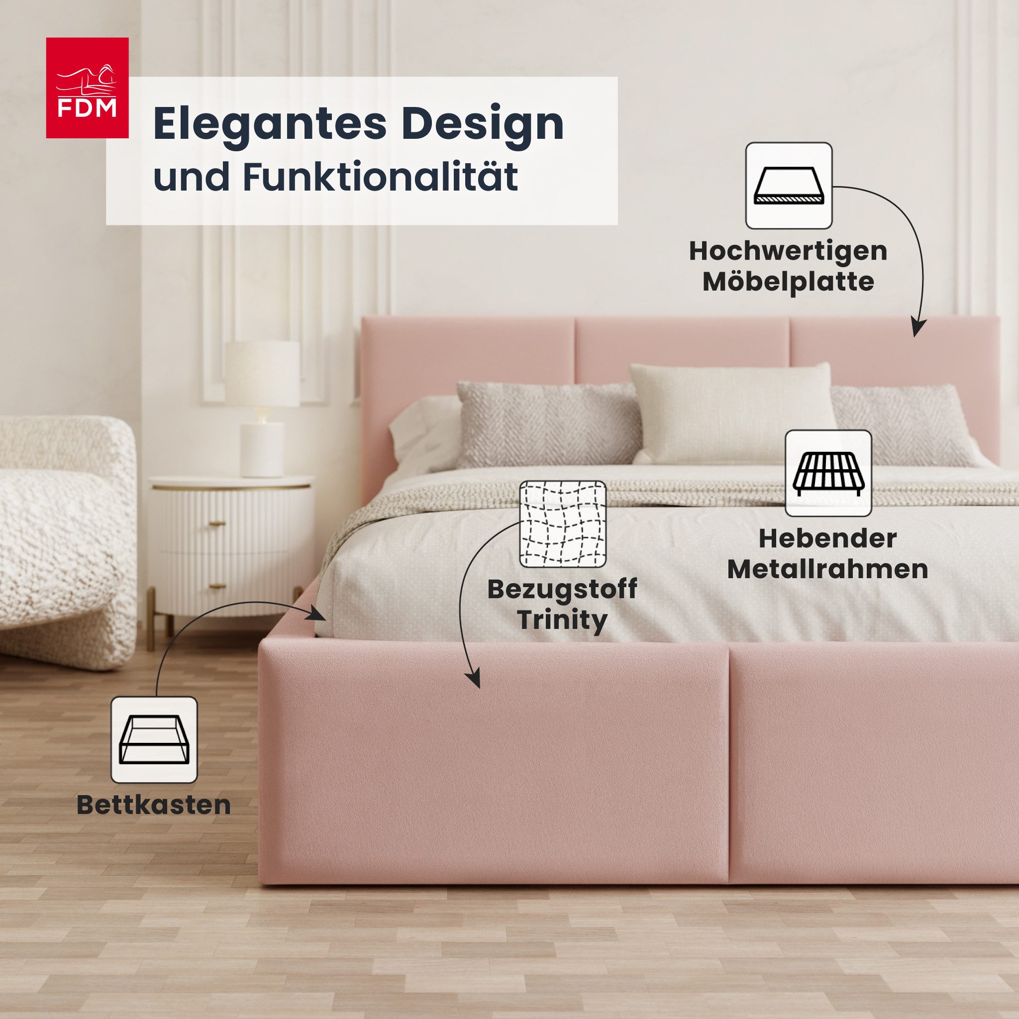 FDM Polsterbett AMBER modern mit Bettkasten MADE IN EU - mit Trinity Velours Bezug (verfügbar 90x200 120x200 140x200 160x200 180x200cm, Bettrahmen, Bett, mit großen gepolsterten Kopfteil, mit Bettkasten zum aufklappen), Hebbarer Metallrahmen, Bettkasten, mit/ohne Matratze