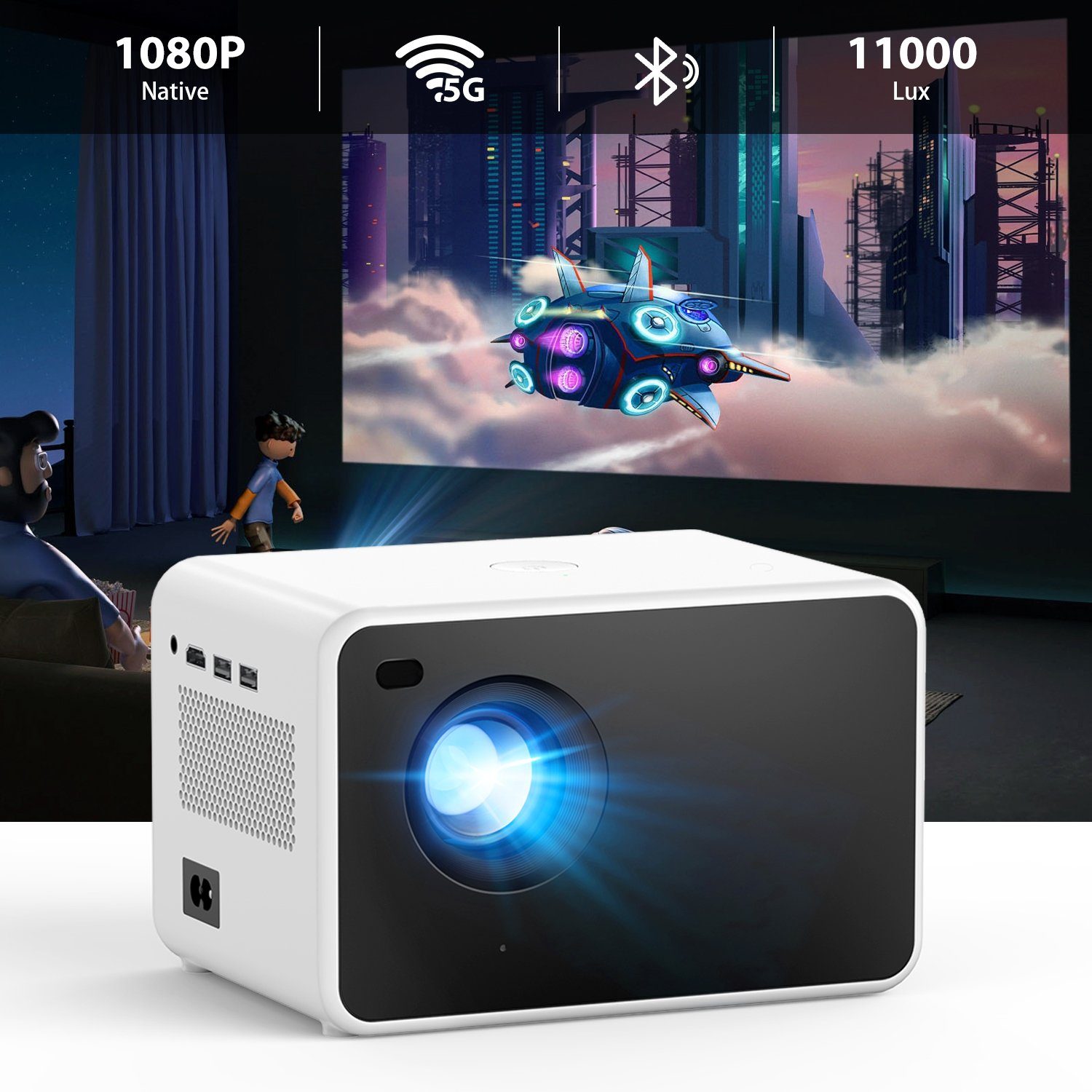 iscooter Native 1080P Full HD Beamer Geräuscharmes und tragbares Bluetooth LCD-Beamer (11000 lm, 10000:1, 4K-Unterstützung, 5G WiFi Bluetooth, Fernsteuerung Fokus, 1920 x 1080 px, 3W Lautsprecher, Bildschirm-Zoom, HDMI, AV, USB-Anschlüsse)