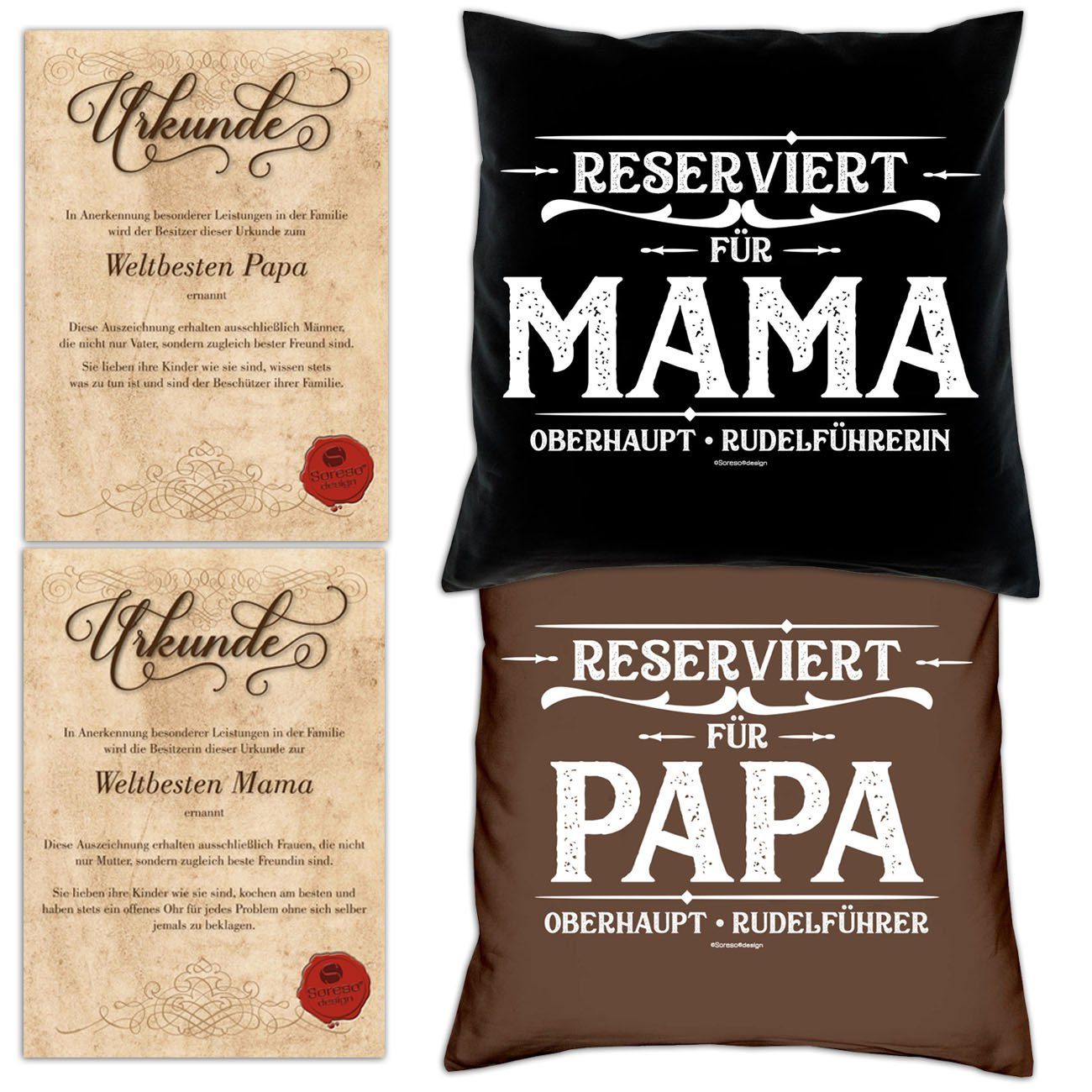 Soreso® Dekokissen Kissen-Set Reserviert für Papa Reserviert für Mama mit Urkunden, Geschenk Weihnachten Eltern schwarz