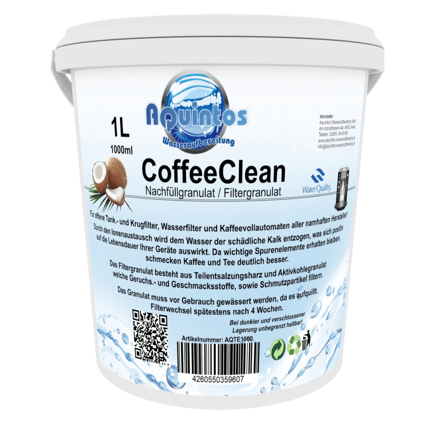 Aquintos Wasseraufbereitung Kalk- und Wasserfilter CoffeeClean Filter Graulat  Kaffeevollautomaten ‧ Tischwasserfilter, Zubehör für Nachfüllgranulat für Wasserfilter, Filtert organischen Verunreinigungen, schützt vor Kalkablagerung