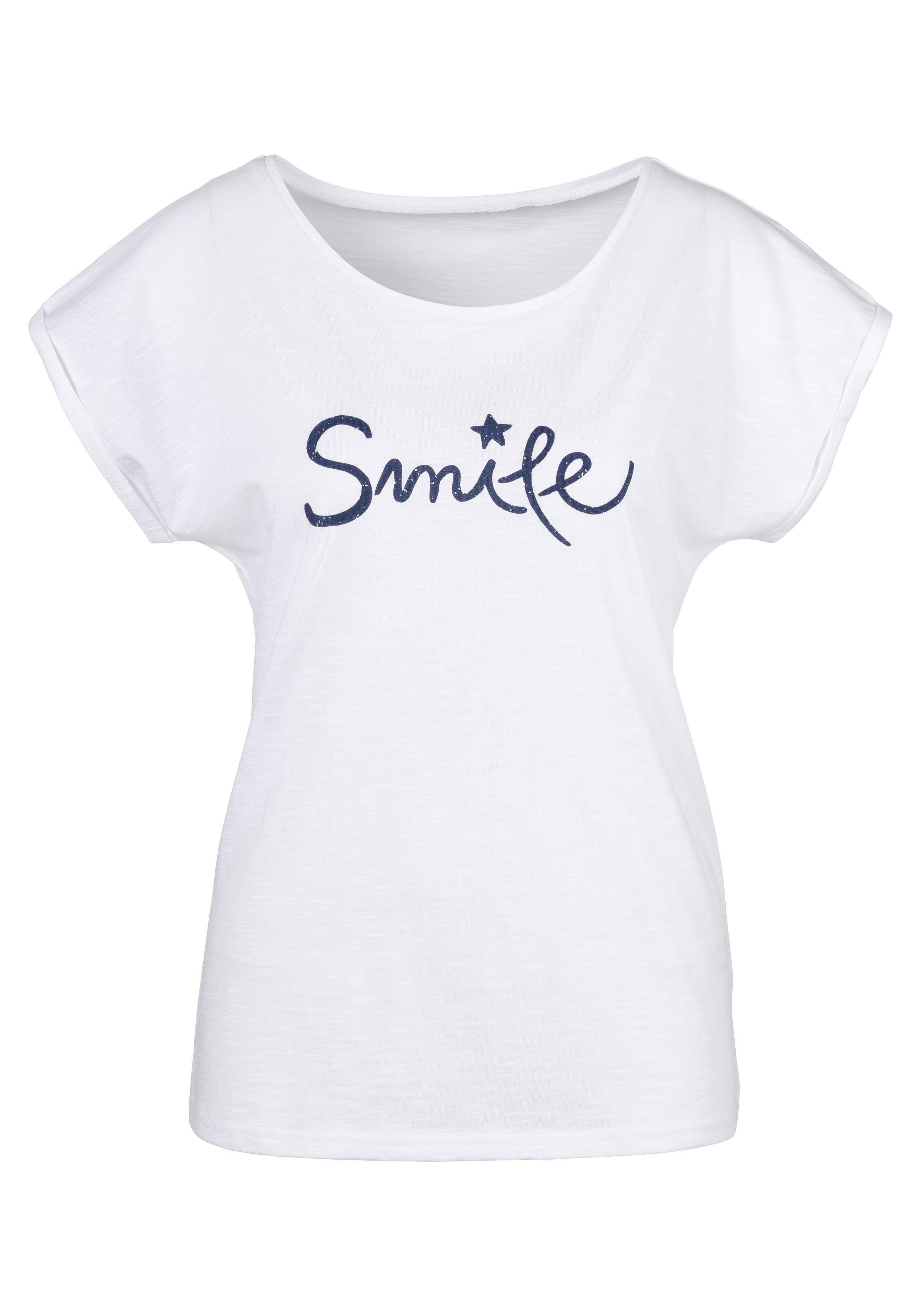 Beachtime T-Shirt Frontdruck weiß modischem "Smile" mit