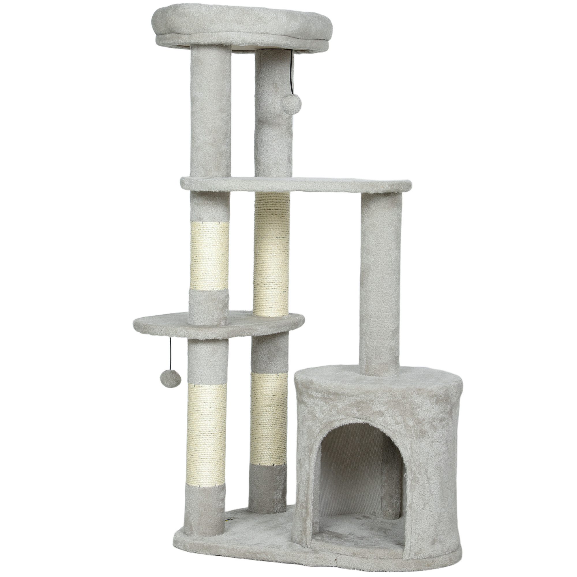 PawHut Kratzbaum Plüsch, für Katzen unter 6 kg, Mit hängendem Ball, Sisal-Kratzsäulen, Hellgrau