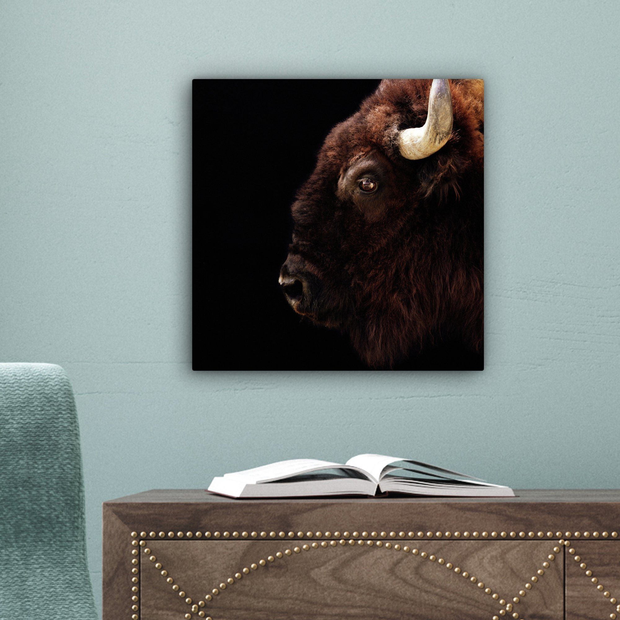 OneMillionCanvasses® Leinwandbild Bison - Bilder Leinwand 20x20 (1 St), Porträt, cm Schlafzimmer, Horn für - Wohnzimmer