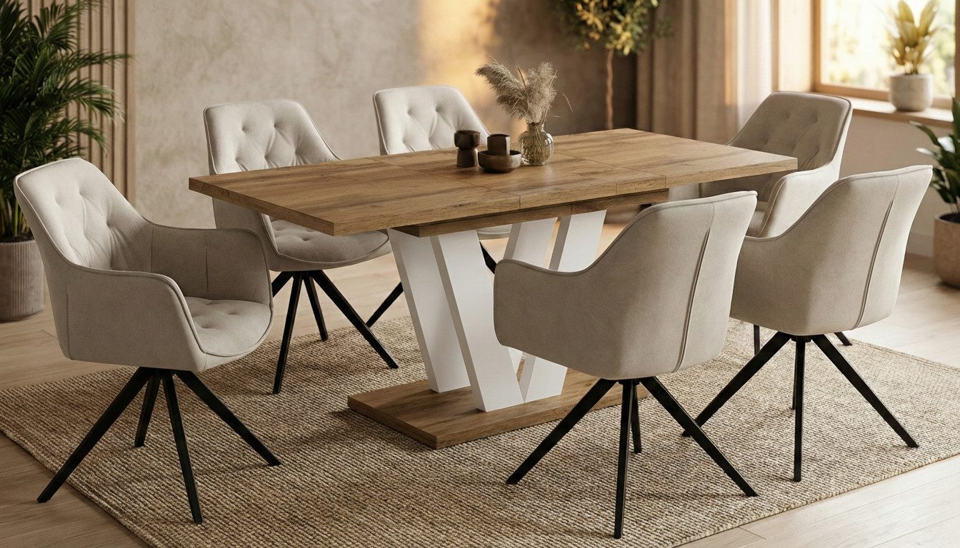 Endo-Moebel Essgruppe "Lara White" 130-210cm ausziehbar, Tischgruppe, für 6 Personen, (1 ausziehbarer Esstisch, 6 bequeme Stühle), Synchronauszug, Erweiterbar, Weiße Tischbeine, Säulengestell