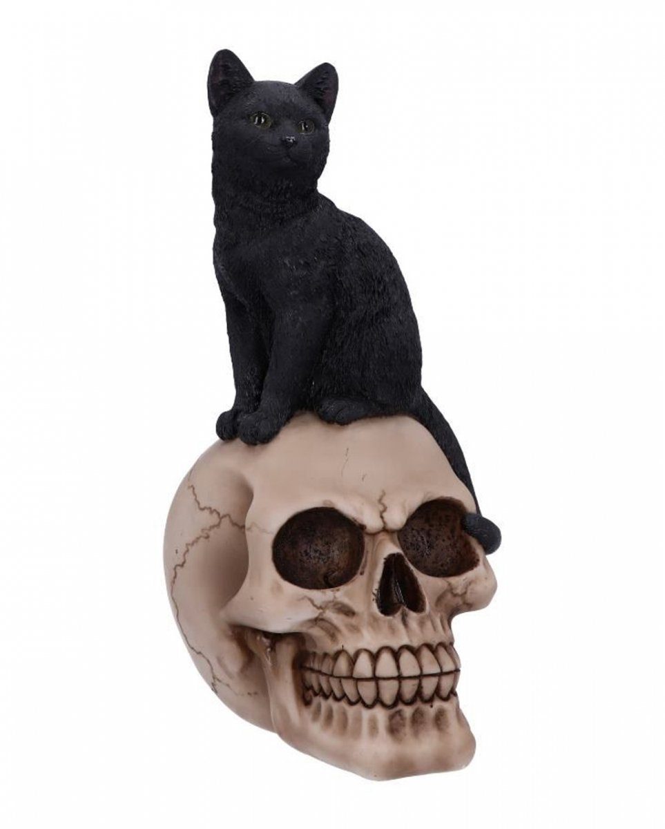 Horror-Shop Dekofigur Schwarze Katze auf antikem Totenschädel Figur 24,3