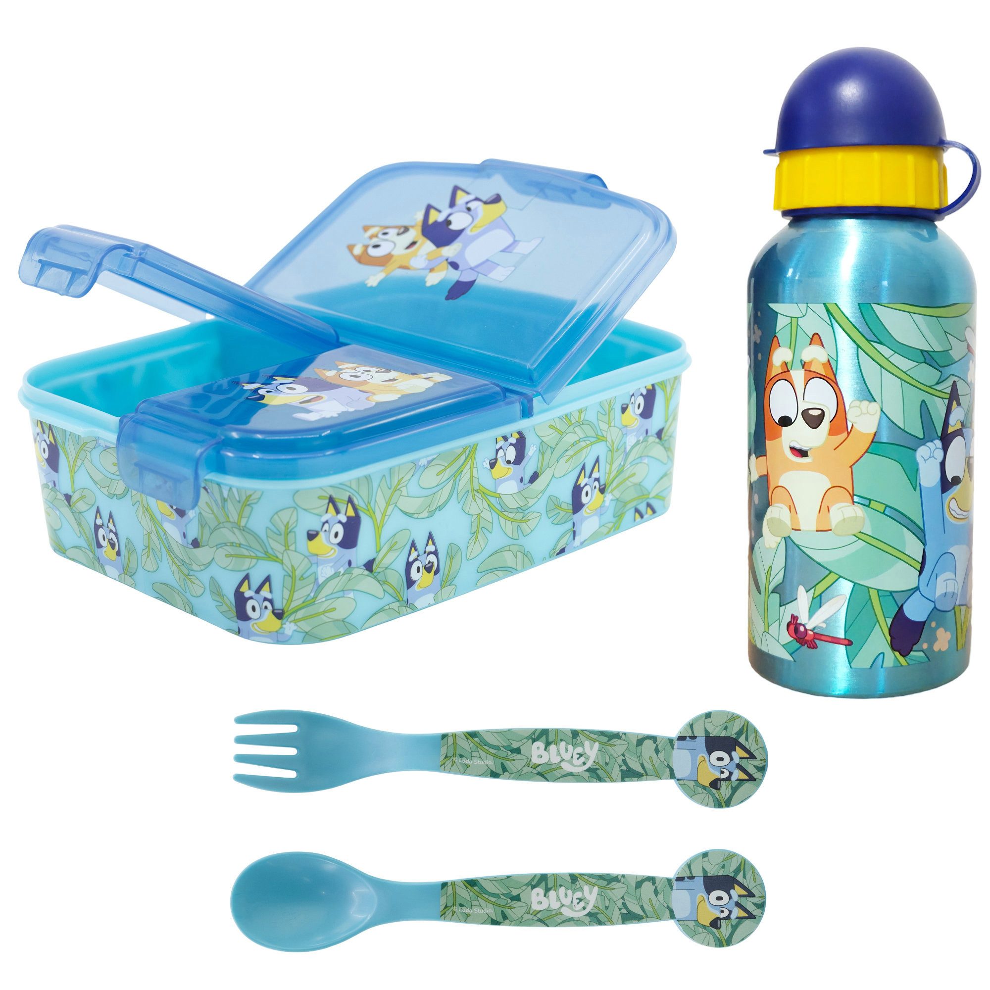 Bluey Lunchbox Bluey Bingo Kinder 4 teiliges Set Brotdose Alu Trinkflasche Besteck, (Spar-Set, 4-tlg)