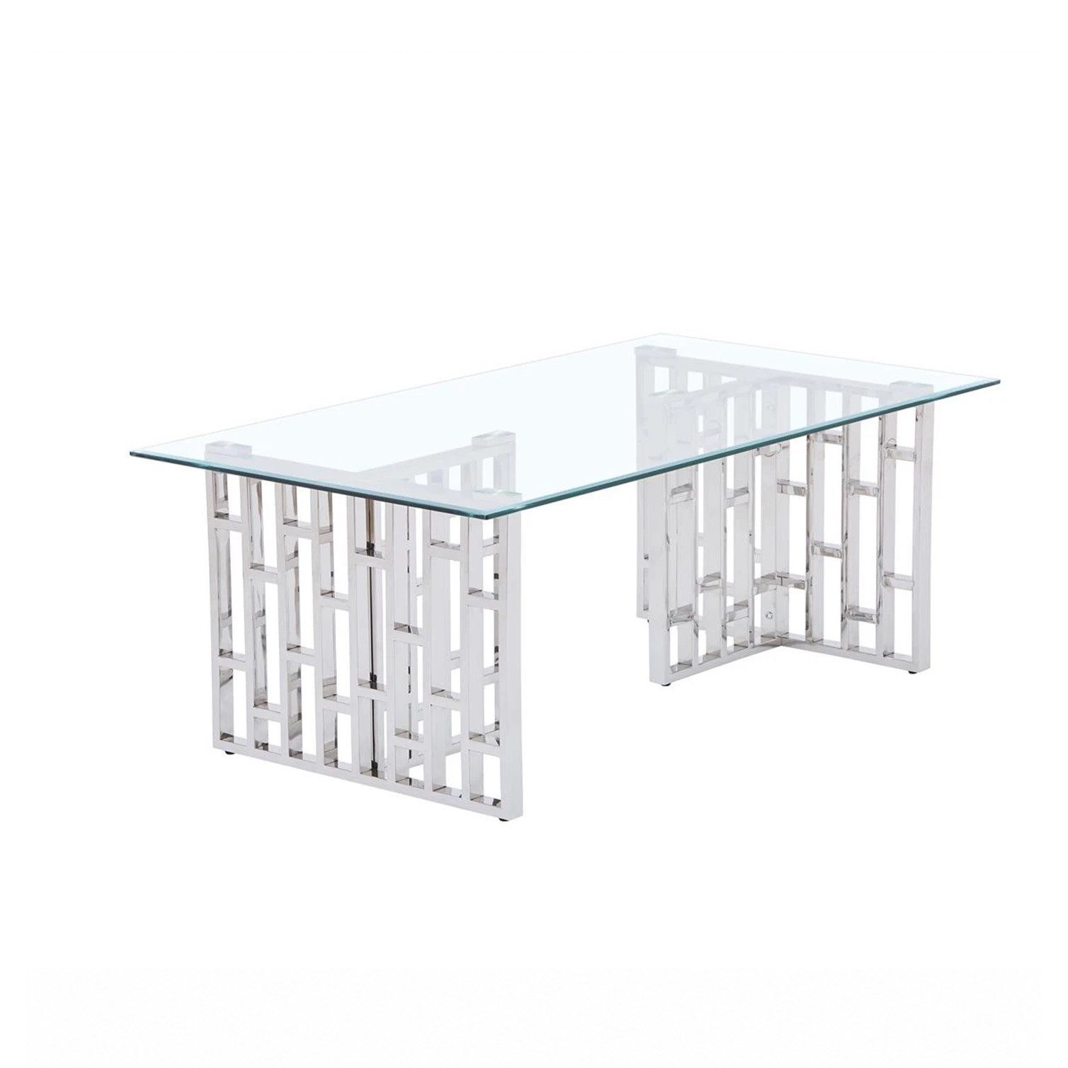 HOOZ Esstisch Couchtisch Glas 120x45 cm Chrome mit geometrischem Edelstahlgestell (Einzelprodukt, 1-St., 1× Couchtisch), Geometrisches Edelstahlgestell mit transparenter Glasplatte