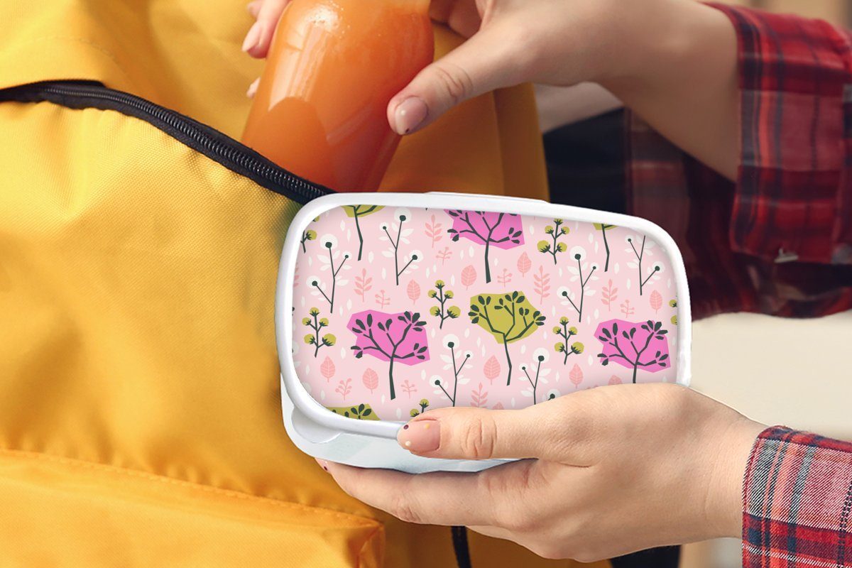 für MuchoWow Design, für Blätter Kinder und - weiß Brotdose, Jungs Erwachsene, Bäume (2-tlg), - Mädchen Lunchbox Rosa Kunststoff, - und Brotbox