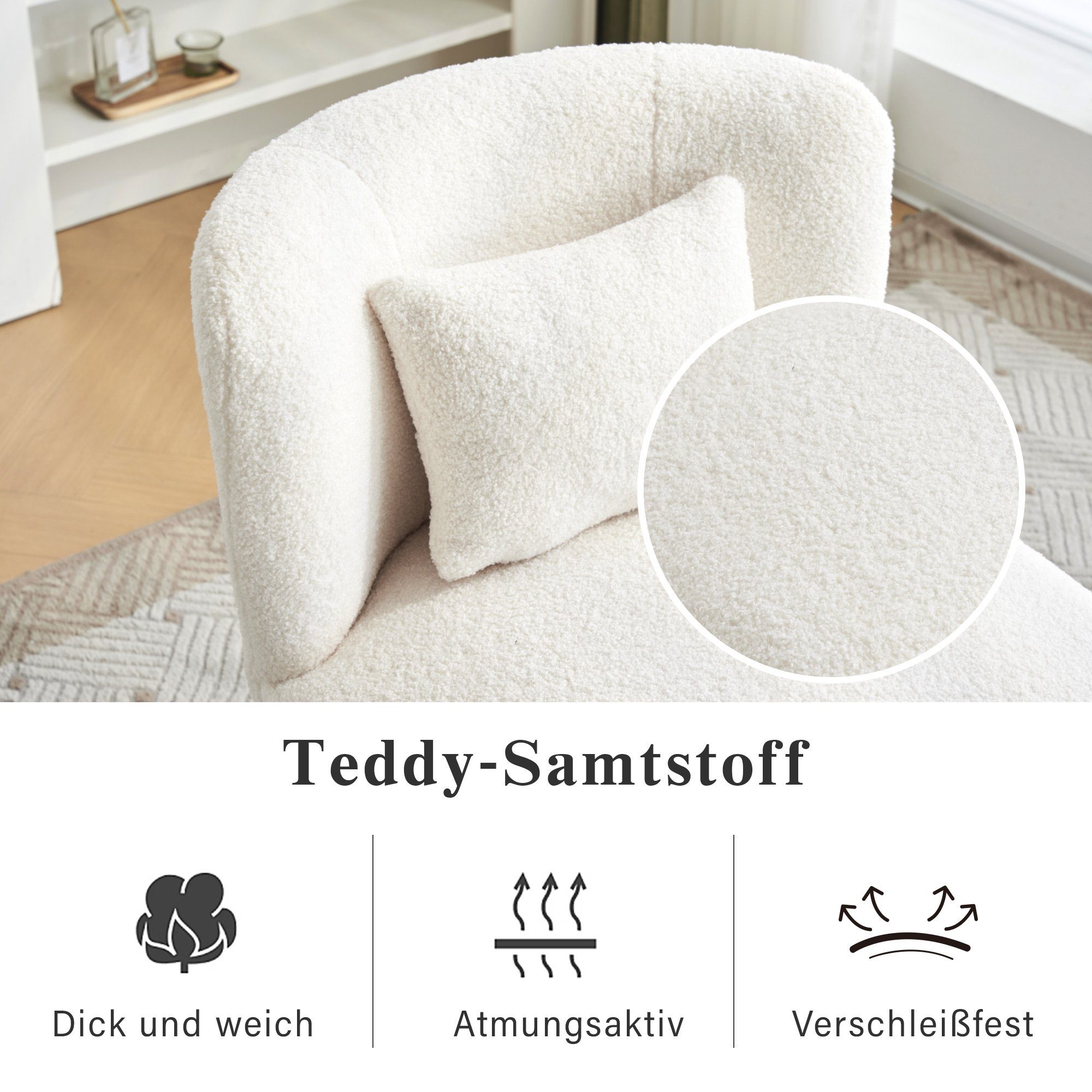 WISHDOR Drehsessel Polsterstuhl Einzelsofastuhl weiß drehbarer Teddysamtsessel,Balkondrehstuhl (mit Kissen und drehbarer Freizeitstuhl, 360° Loungesessel), Relaxsessel, Loungesessel