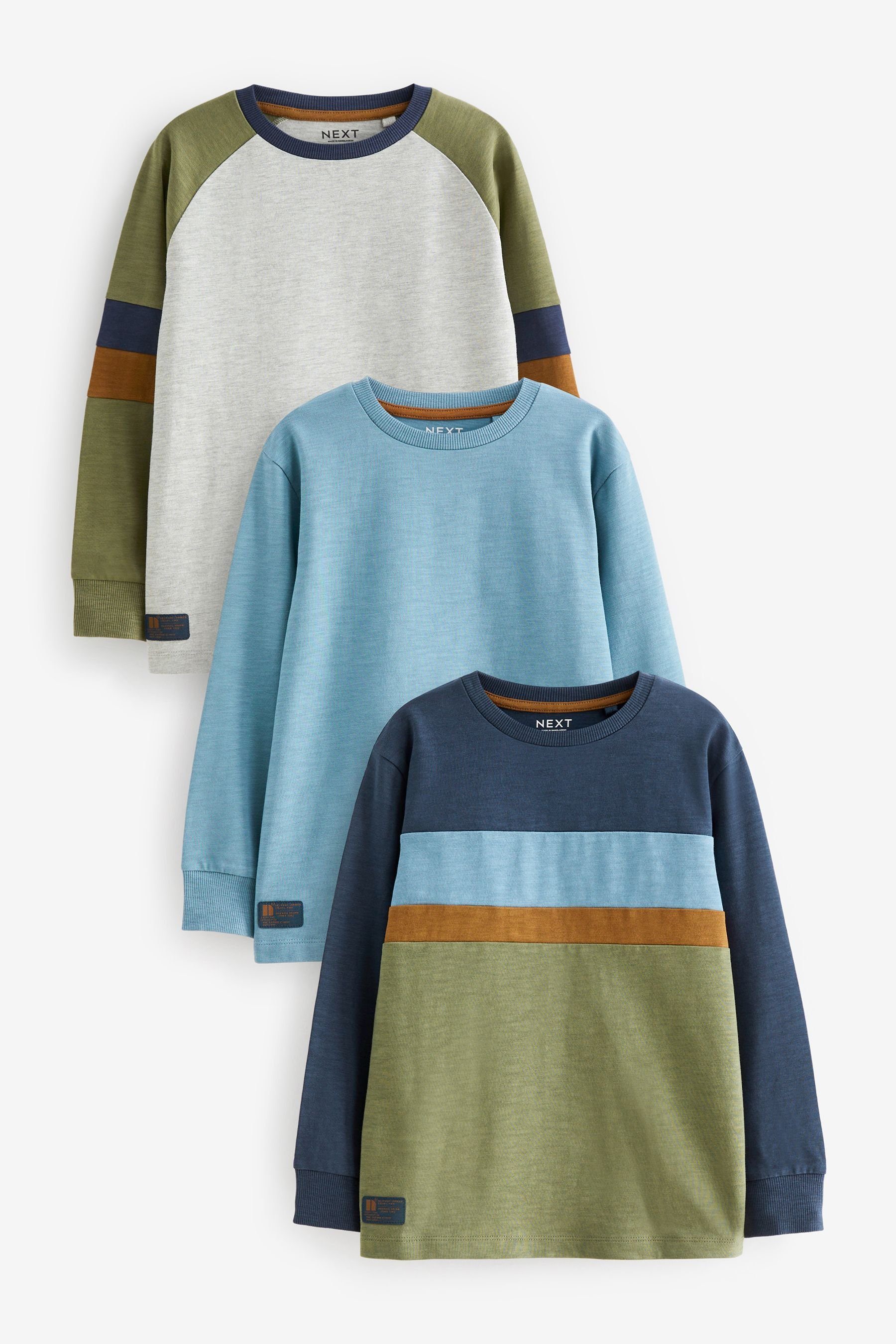 Next Langarmshirt Langarmshirts im Farbblockdesign, 3er-Pack (3-tlg) Khaki Green/Blue/Grey