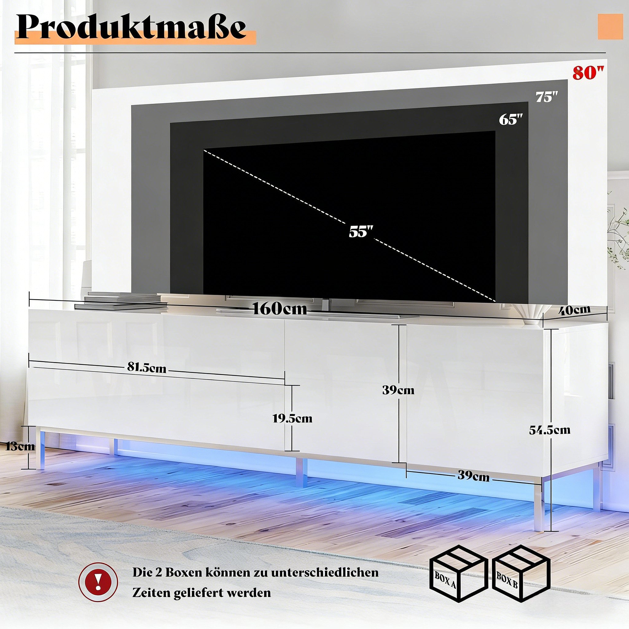 AMERLIFE Lowboard Hochglanz Weiß mit RGB LED, TV-Schrank 160x40x54,5 cm (1 St), für Fernseher bis 80 Zoll, verchromte Füße