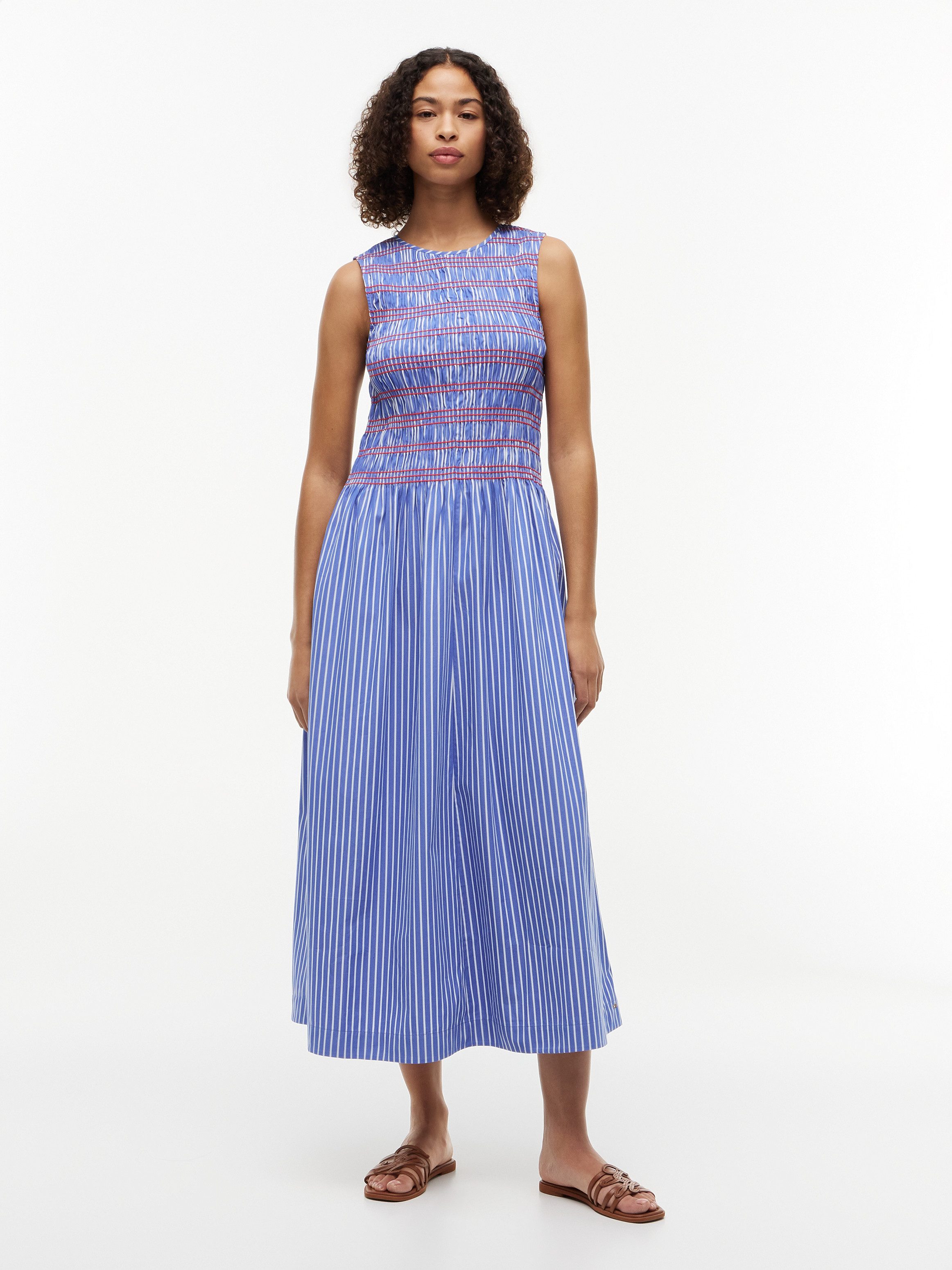 Tommy Hilfiger Smokkleid SMOCKING STRIPE NS MIDI DRESS Baumwolle, wadenlang, gesmoktes Oberteil
