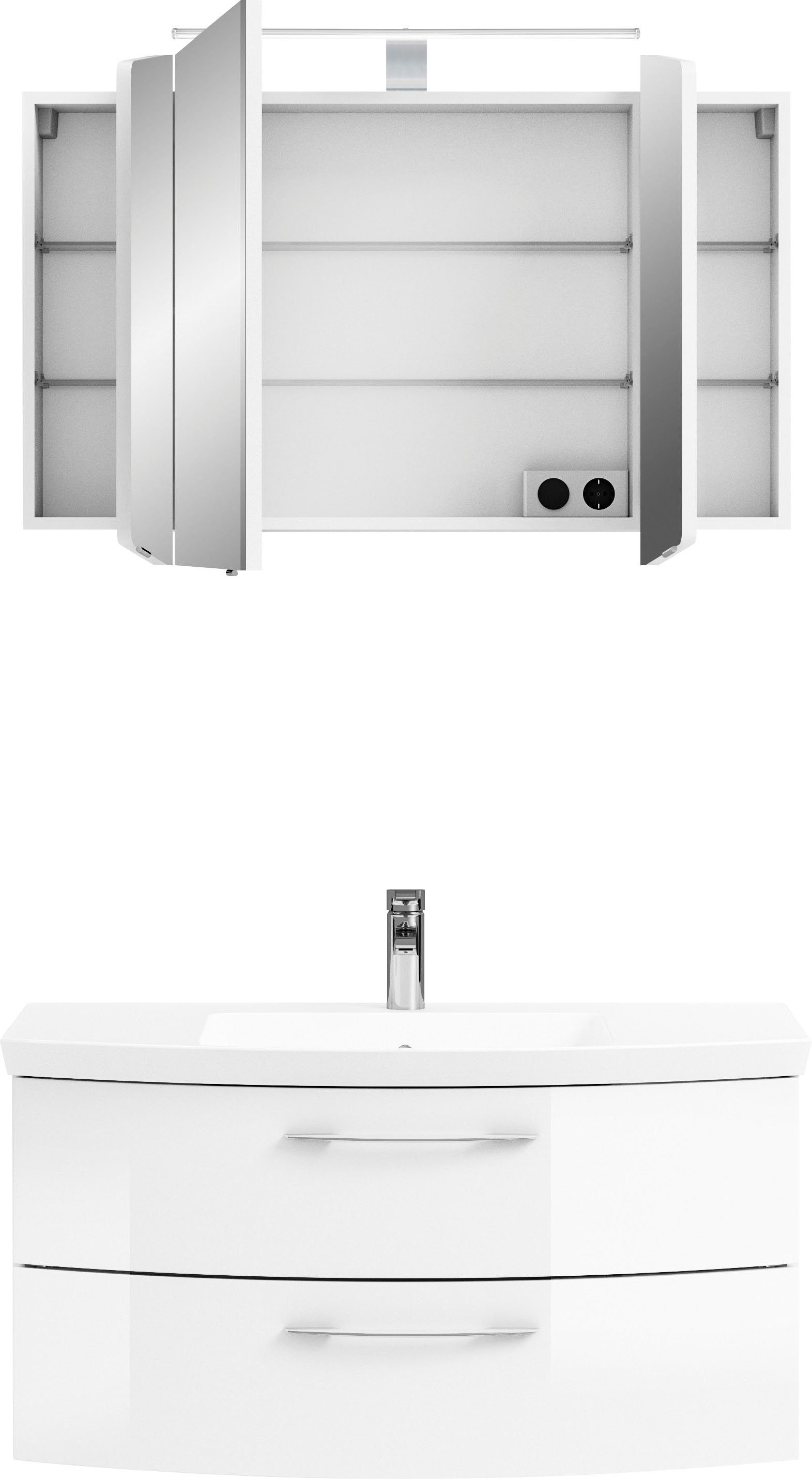 Saphir Badmöbel-Set Cassca Sprint 2-teilig Mineralmarmor-Waschtisch mit LED-Spiegelschrank, (2-St), Waschplatz mit 2 Schubladen, inkl. Dämpfer, 101 cm breit
