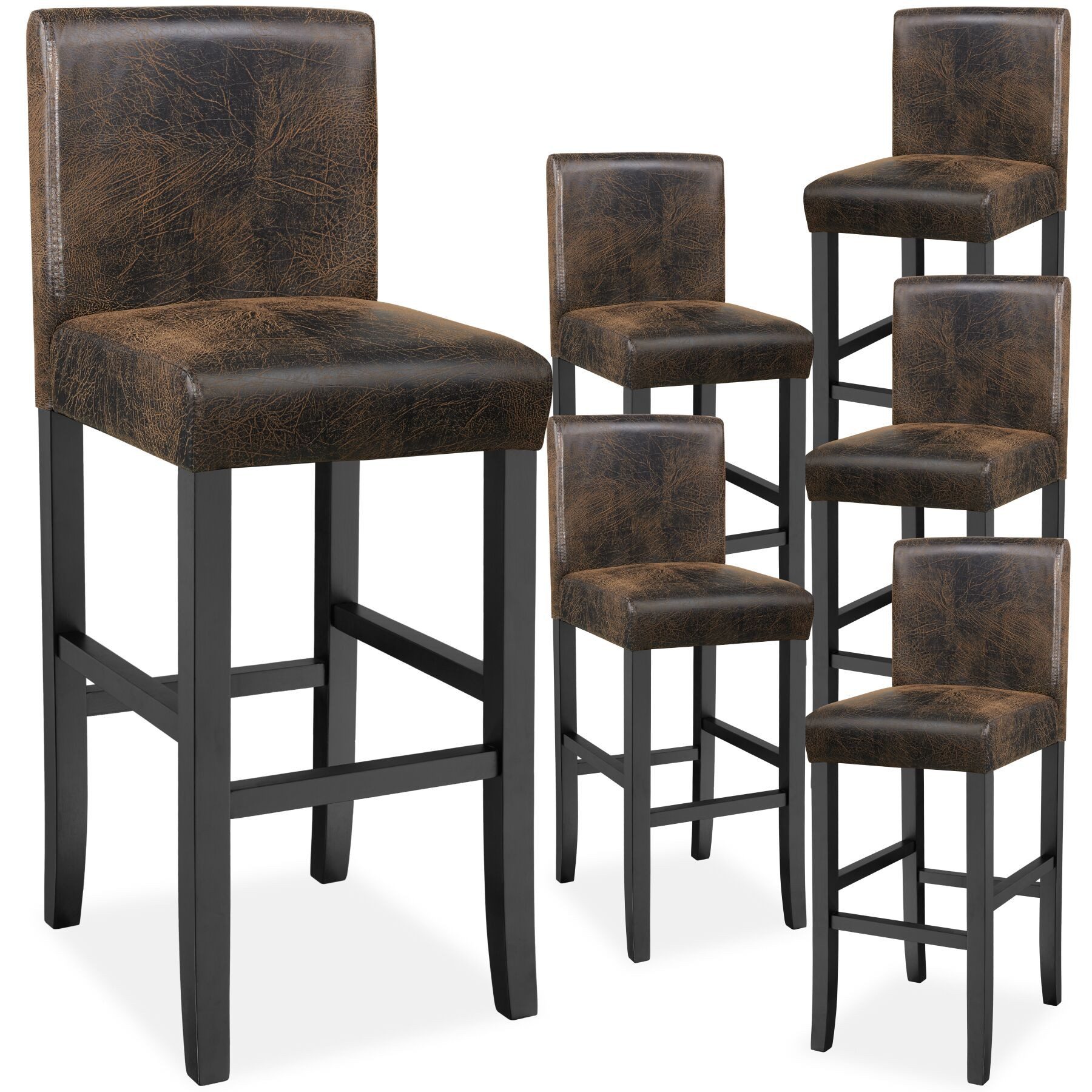 tectake Barhocker Bistrostuhl gepolstert mit Rückenlehne, Sitzhöhe 76 cm (Barstuhl, in antikbraun), Bezug aus Kunstleder, Stuhlbeine aus Massivholz, mit Fußstützen