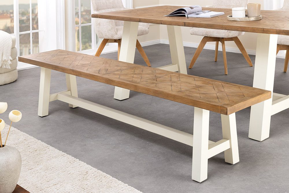 riess-ambiente Sitzbank HAMPTONS 200cm hellbraun / creme - Pinienholz, Bohlenoptik, Ablage (Einzelartikel, 1-St), MASSIVHOLZBANK - ideal für Esszimmer, Flur, Garderobe und Wohnzimmer