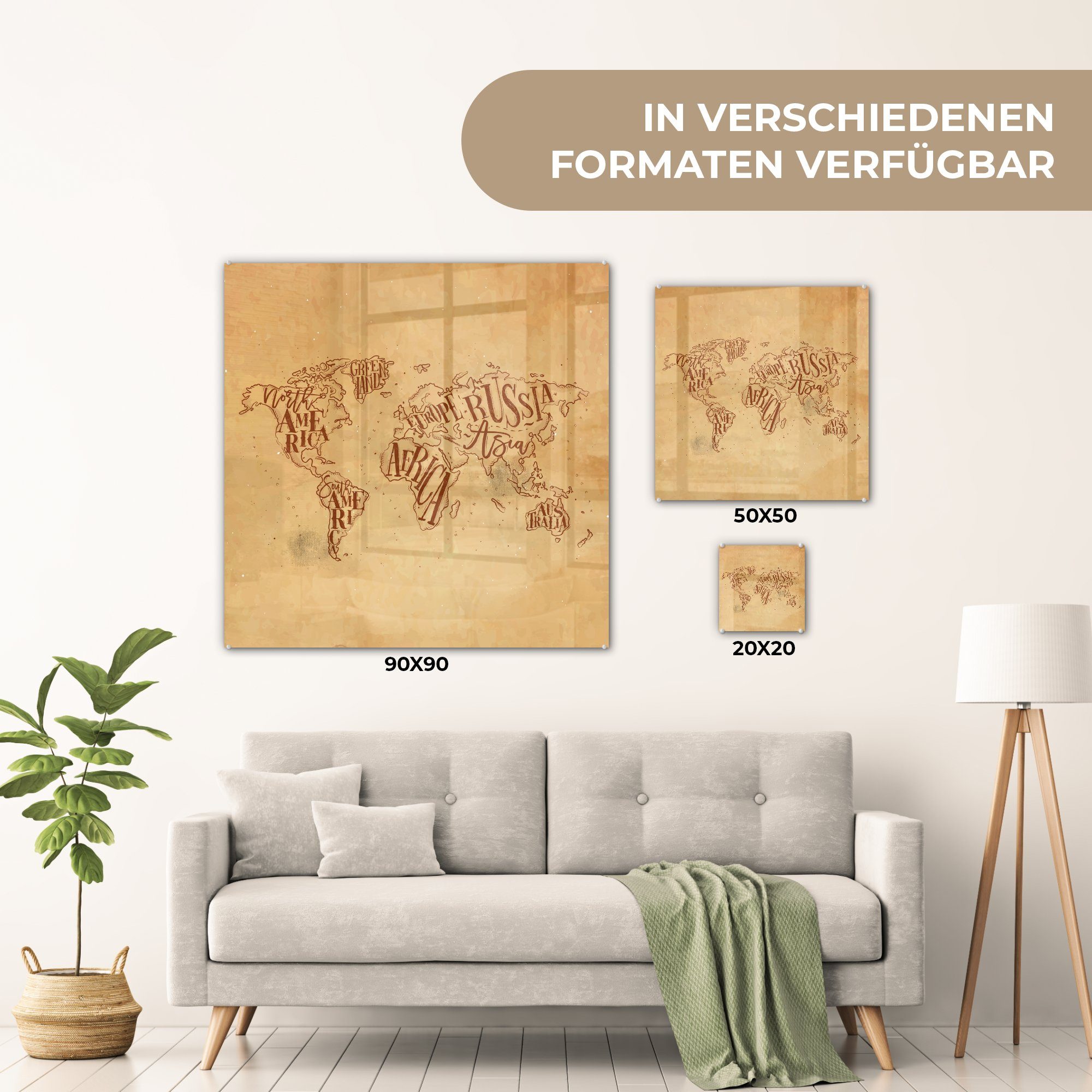 Foto Papyrus, St), auf - auf MuchoWow - - Glas Wanddekoration Weltkarte (1 Acrylglasbild Glas Vintage Bilder - - Wandbild Glasbilder