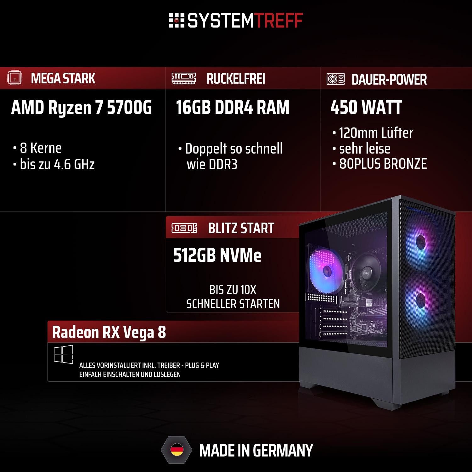 SYSTEMTREFF Basic Gaming-PC (AMD 5700G 5700G, RX Vega 8, 16 GB RAM, 512 GB SSD, Luftkühlung)