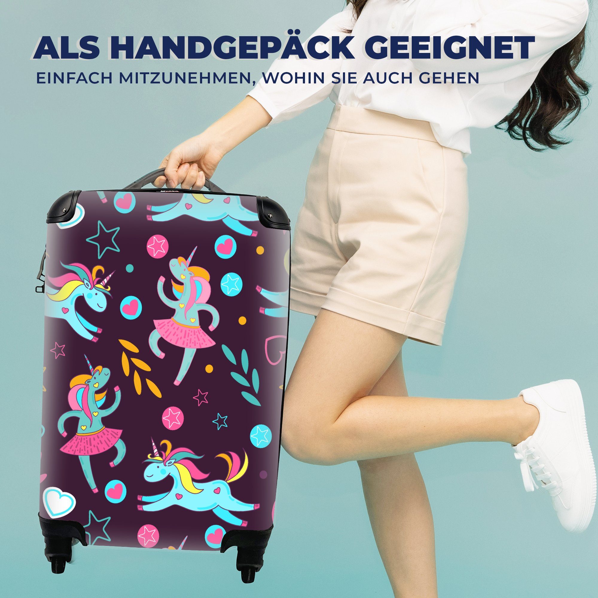 Trolley, Handgepäckkoffer Schnittmuster, MuchoWow - Handgepäck rollen, Reisetasche Reisekoffer 4 Ballett Einhorn für Rollen, - mit Ferien,