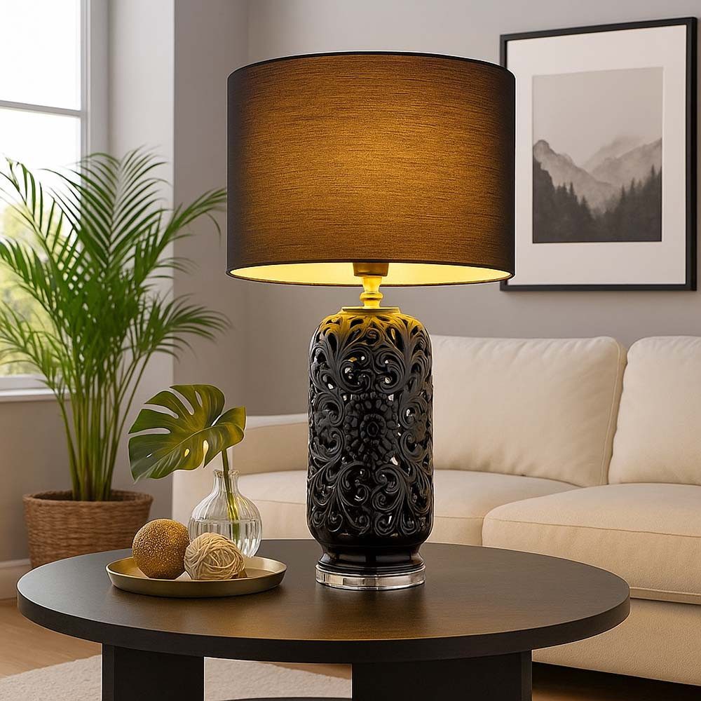 GLOBO LIGHTING LED Tischleuchte, Leuchtmittel inklusive, Warmweiß, Tischleuchte Beistelllampe Nachttischlampe Keramik Textil schwarz E27