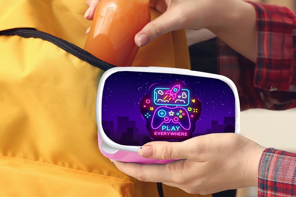 Kinder, Nacht (2-tlg), - Controller, - Blau Erwachsene, Mädchen, für Kunststoff, - Gaming Neon Snackbox, MuchoWow - - Brotdose Kunststoff rosa Spielen Brotbox Lunchbox