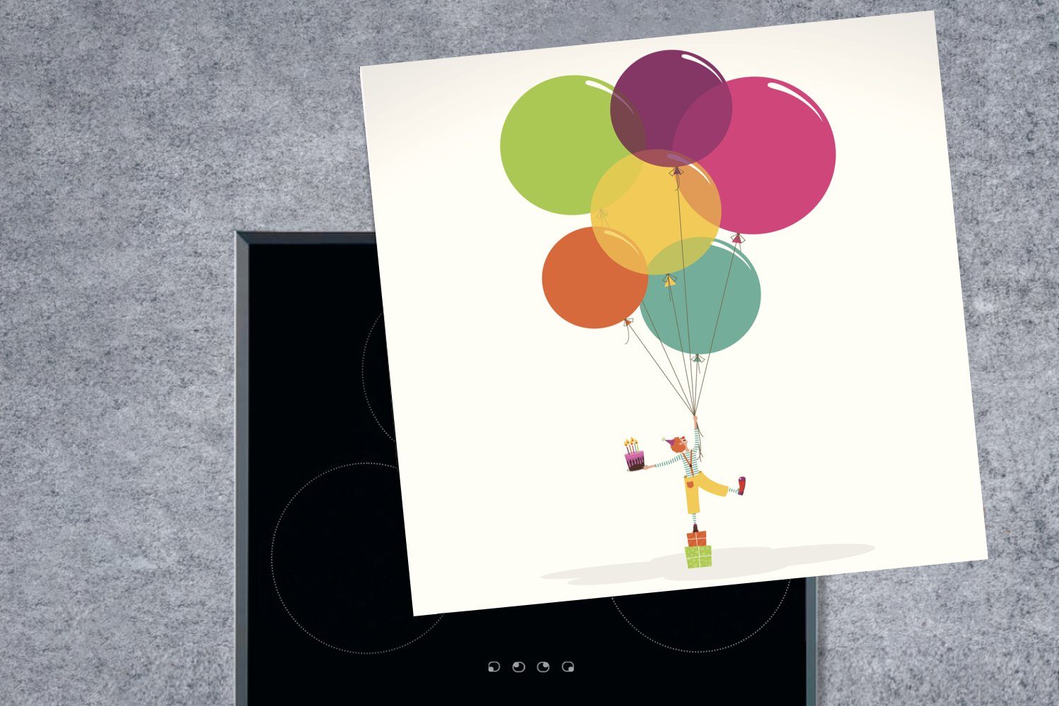Herdblende-/Abdeckplatte für (1 Vinyl, Ceranfeldabdeckung, küche Eine 78x78 Clowns Arbeitsplatte tlg), MuchoWow Luftballons, cm, mit Illustration eines