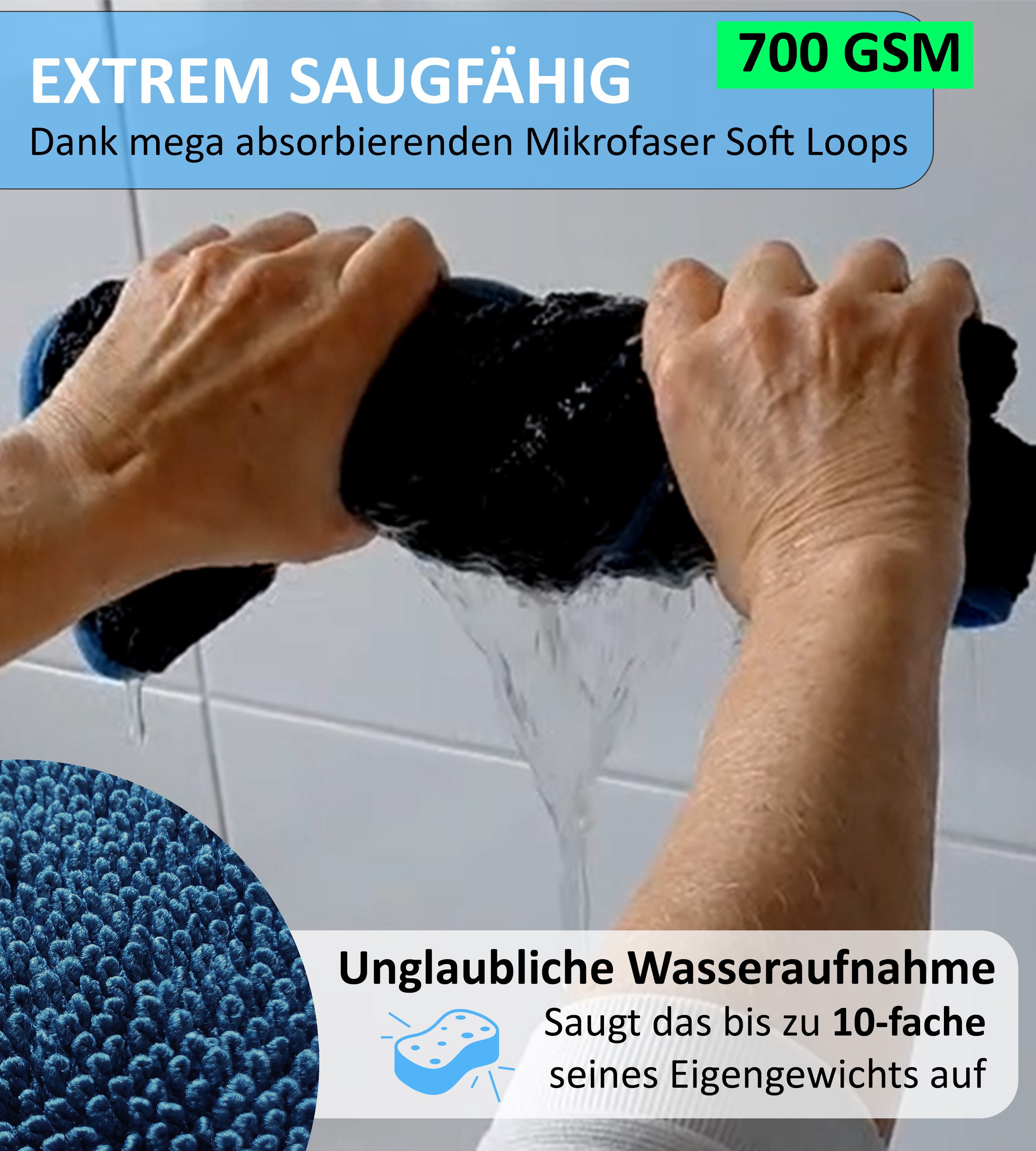 Blumbach Trockentuch Dusche & Auto 700 GSM, Mikrofasertuch (40x60 cm, 2er oder 3er Set inkl. 2 Klebehaken, 2-tlg., Microfaser Trockentuch Auto, Inkl. 2 Klebehaken, Fast Dry Microfaser Putztuch)