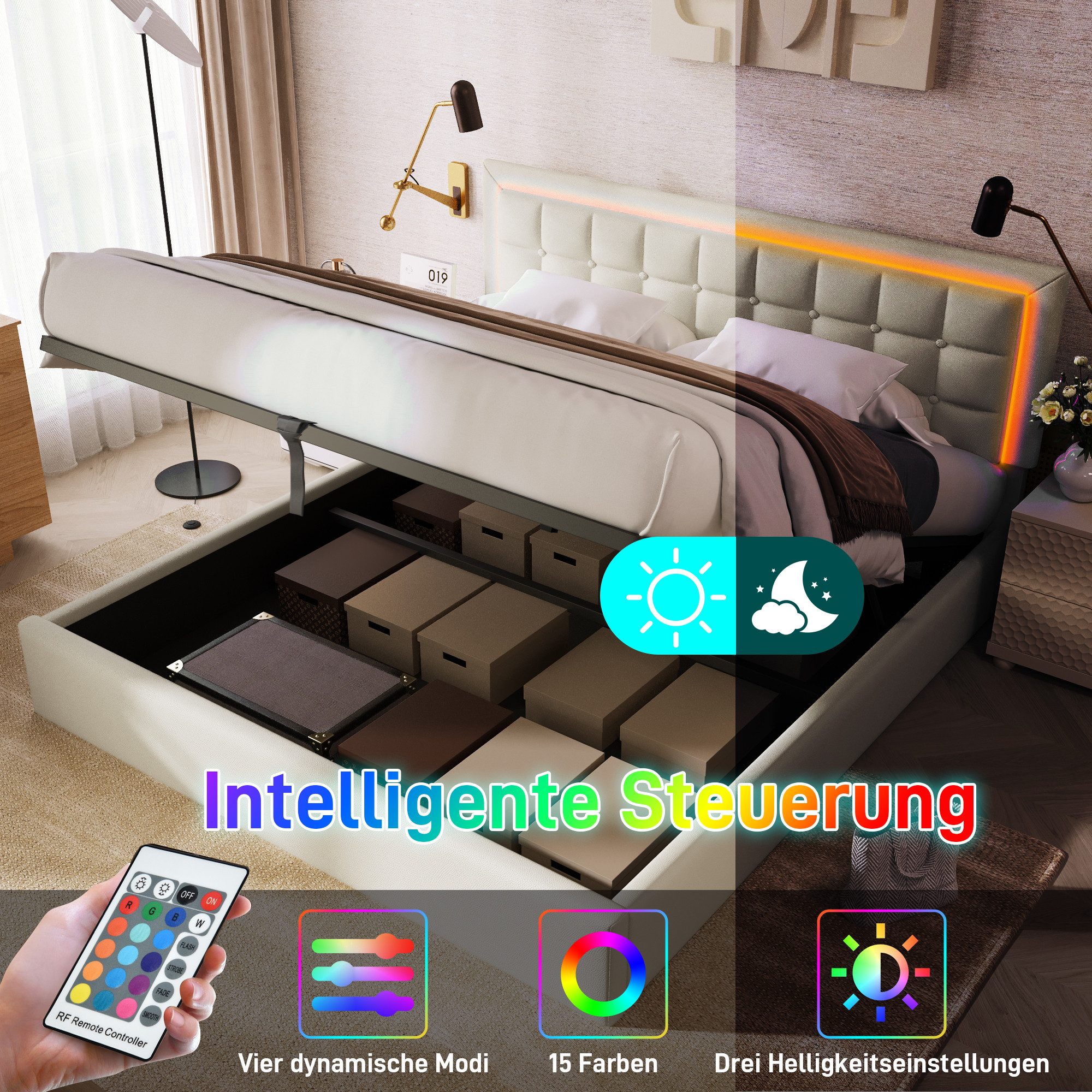 Flieks Stauraumbett (1-tlg), LED-Beleuchtung Kunstleder Doppelbett 140x200cm