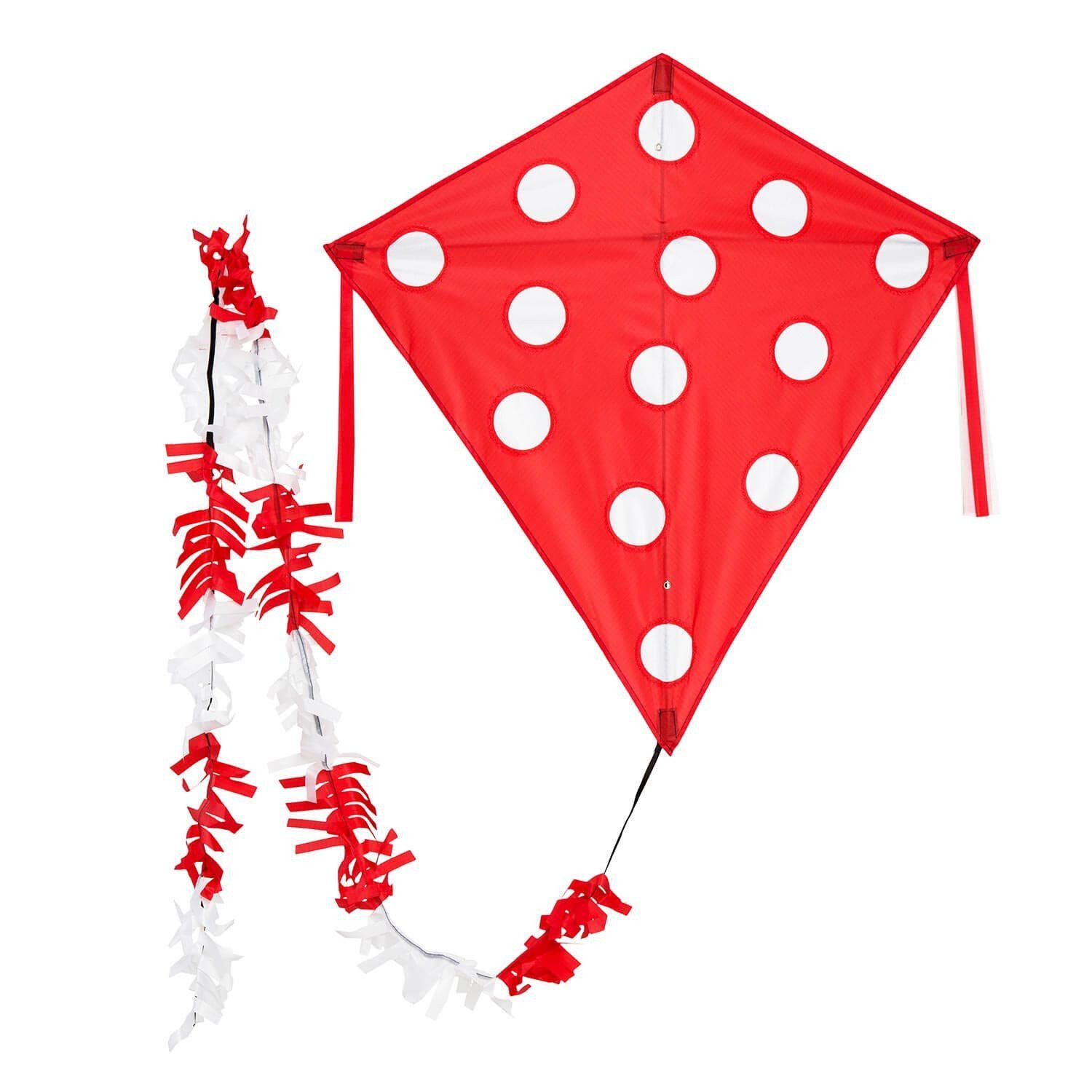 Wolkenstürmer Flug-Drache Kinderdrachen ab 3 Jahre Ready to Fly Outdoor Kite 75 cm, (Flugspielzeug Jungen Mädchen Rautendrachen mit Puschelschwanz, 1-tlg), Klassischer flugfertiger Rautendrachen Eddy ab 3 Jahre rot mit Punkte