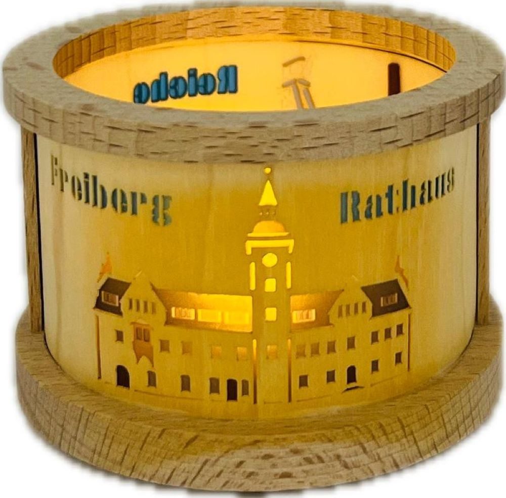 Richard Glaesser Teelichthalter Freiberg mit Rathaus, Höhe 5,5cm, Handwerkskunst original Erzgebirge