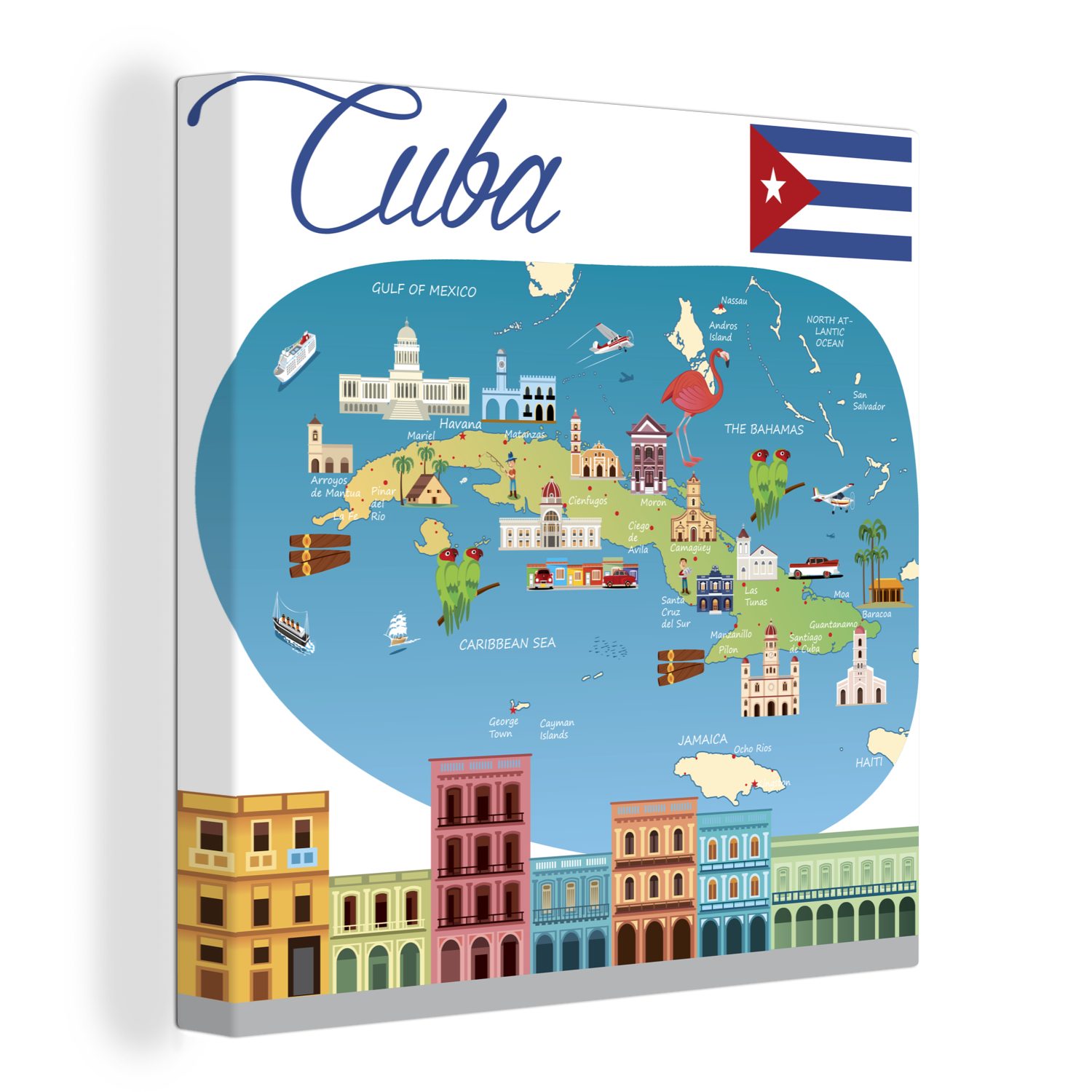 OneMillionCanvasses® Leinwandbild Eine Illustration einer Karte mit verschiedenen kubanischen Gebäuden, (1 St), Leinwand Bilder für Wohnzimmer Schlafzimmer