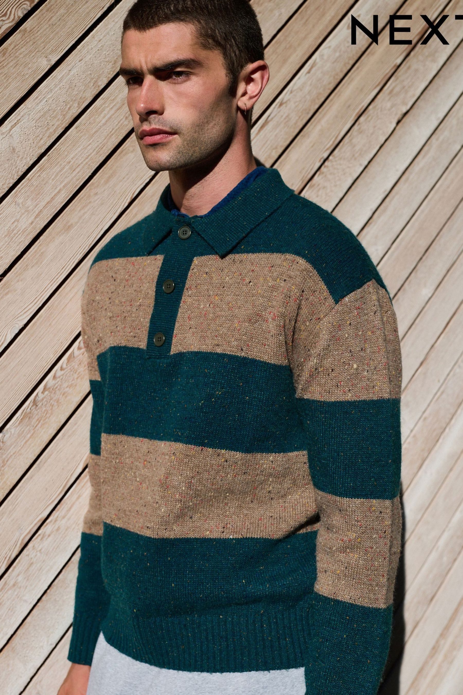 Next Strickpullover Relaxed Fit Rugby-Polohemd aus Strick mit Streifen (1-tlg)