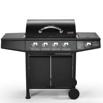 TAINO Gasgrill BASIC 4+1, Gasgrill mit Gasdruckminderer, Gasschlauch und Abdeckhaube, Piezozündung, 4 Brenner aus Edelstahl, Seitenkocher