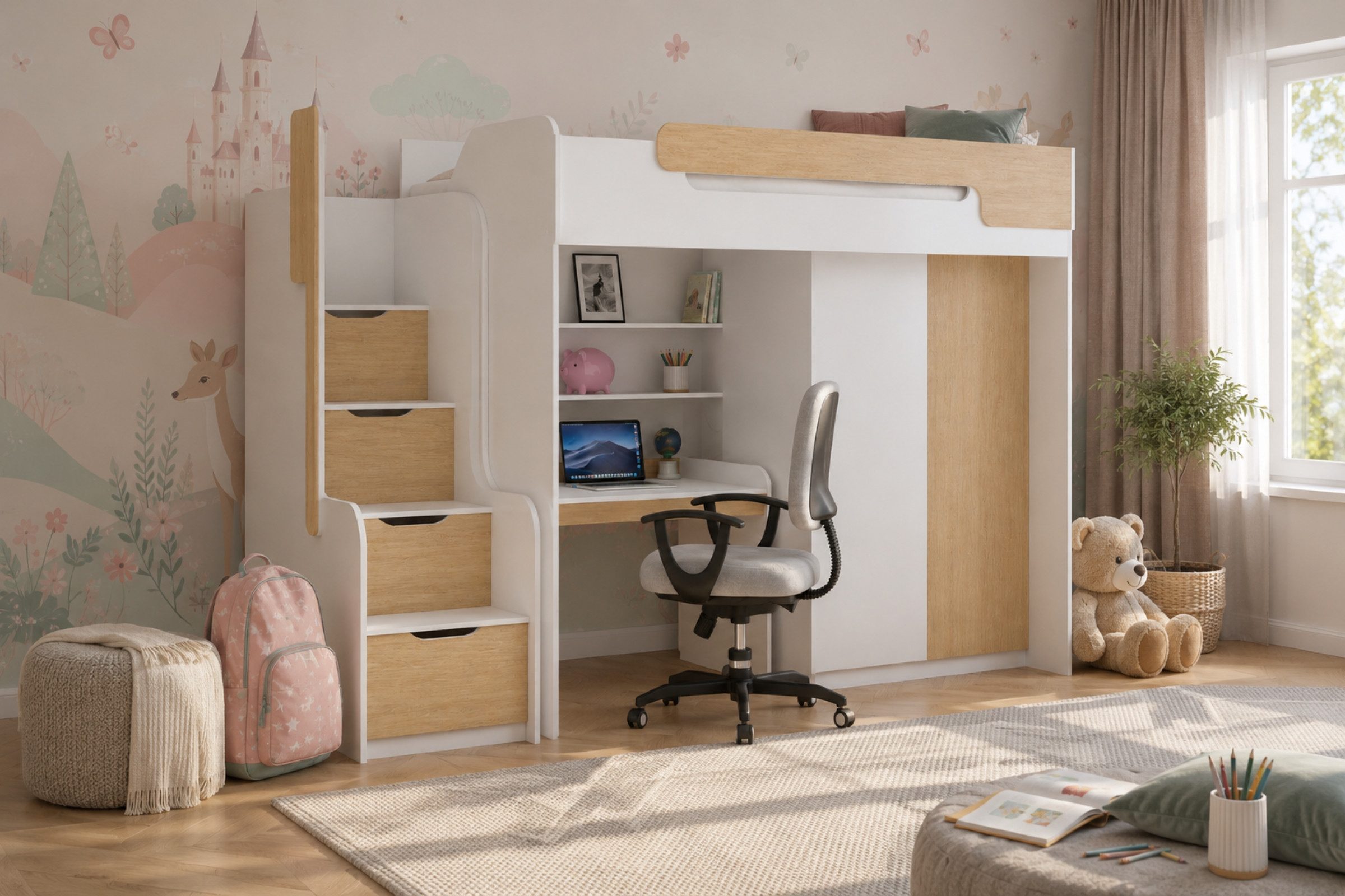 Deine Möbel 24 Hochbett ARTHUR Kinderbett mit Treppe und Stauraum, 90x200 cm (ideal für Kinderzimmer & Jugendzimmer, 1-St., Weiß Eukalyptus Eiche Rosa Blau Anthrazit, praktisch & platzsparend) Multifunktionsbett Jugendbett inkl. Kleiderschrank & Schreibtisch