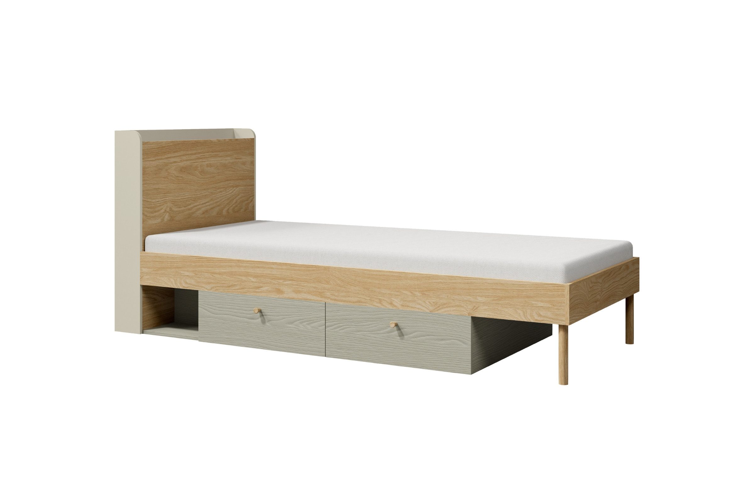 Deine Möbel 24 Kinderbett YOGI 13 Jugendbett Einzellbett Bett 90x200 cm (Set, 4-tlg., inkl. 2 Schubladen), Kinderzimmer Jugendzimmer Graubeige Geölte Eiche Eukalyptus Koralle