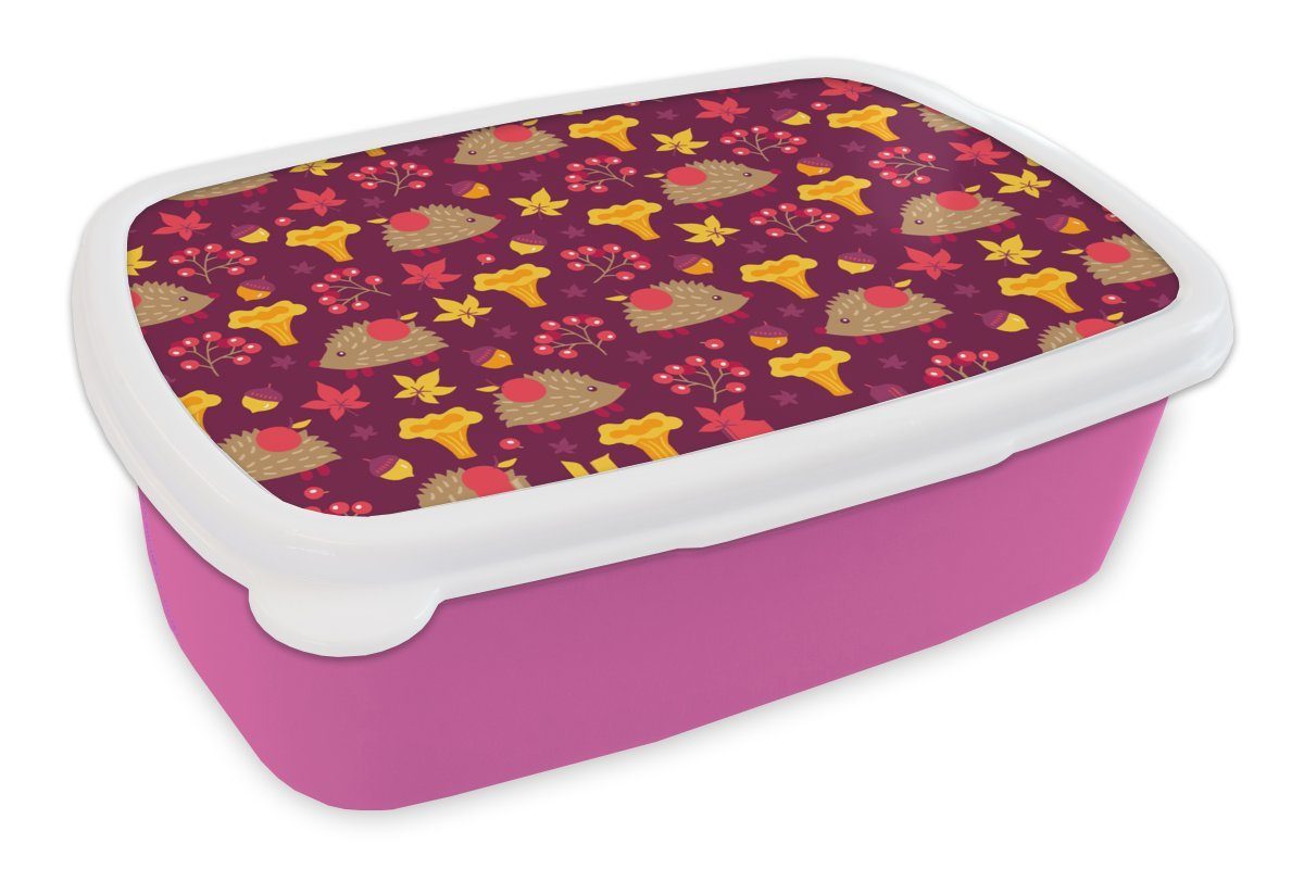 MuchoWow Lunchbox Igel - Pilz - Muster, Kunststoff, (2-tlg), Brotbox für Erwachsene, Brotdose Kinder, Snackbox, Mädchen, Kunststoff rosa