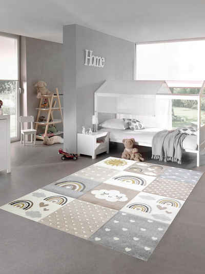Kinderteppich Kinderzimmer Teppich Spielteppich Regenbogen Punkte Herzchen Wolken beige grau braun, Teppich-Traum, rechteckig, Höhe: 13 mm